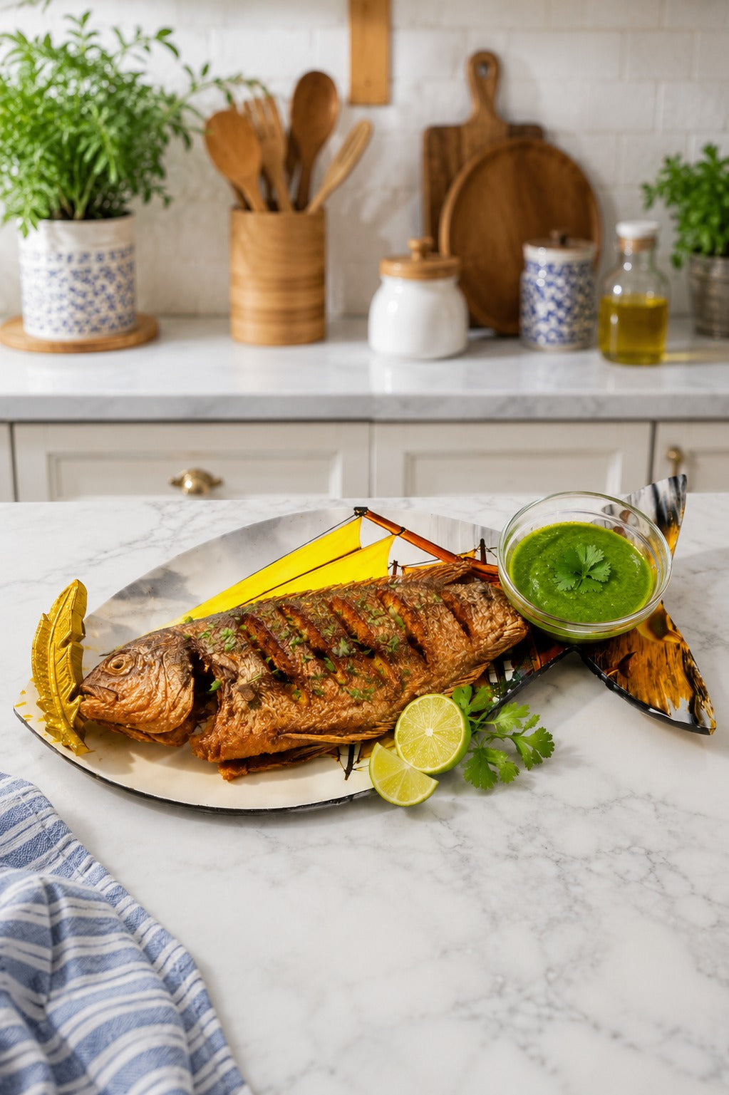 Premium Fish Shape MDF Serving Platter with Glass Dip Bowl & Gold Leaf Handle | Decorative Multipurpose Snack Serving Tray | Designer Fish Serving Board for Appetizers, Seafood & Gifting