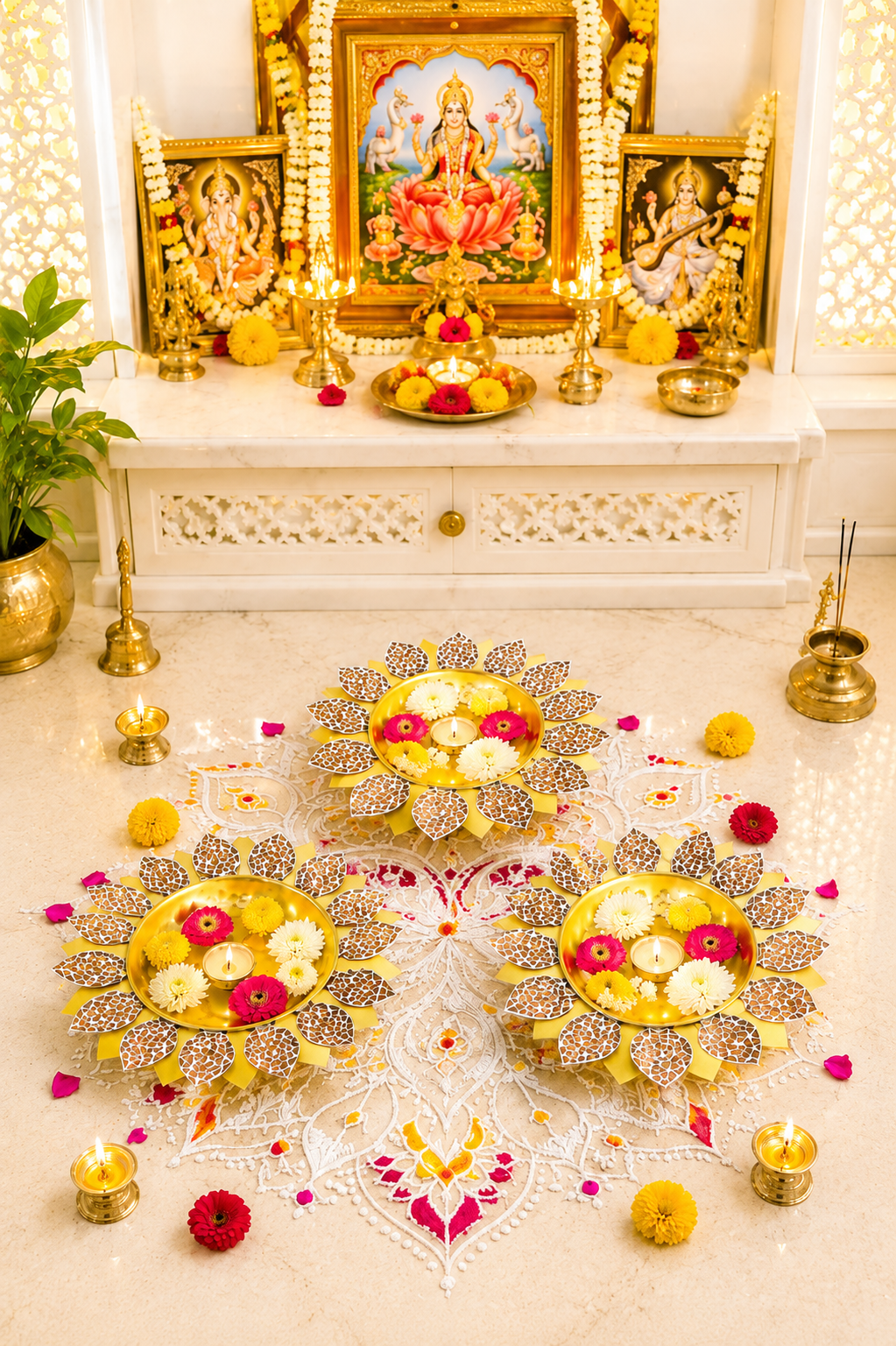 Premium Lotus Urli Bowl Set of 3 with Antique Glass Leaf Design | Decorative Metal Floating Flower Bowls for Water, Candles & Tea Lights | Traditional Urli for Diwali, Pooja, Wedding & Home Décor