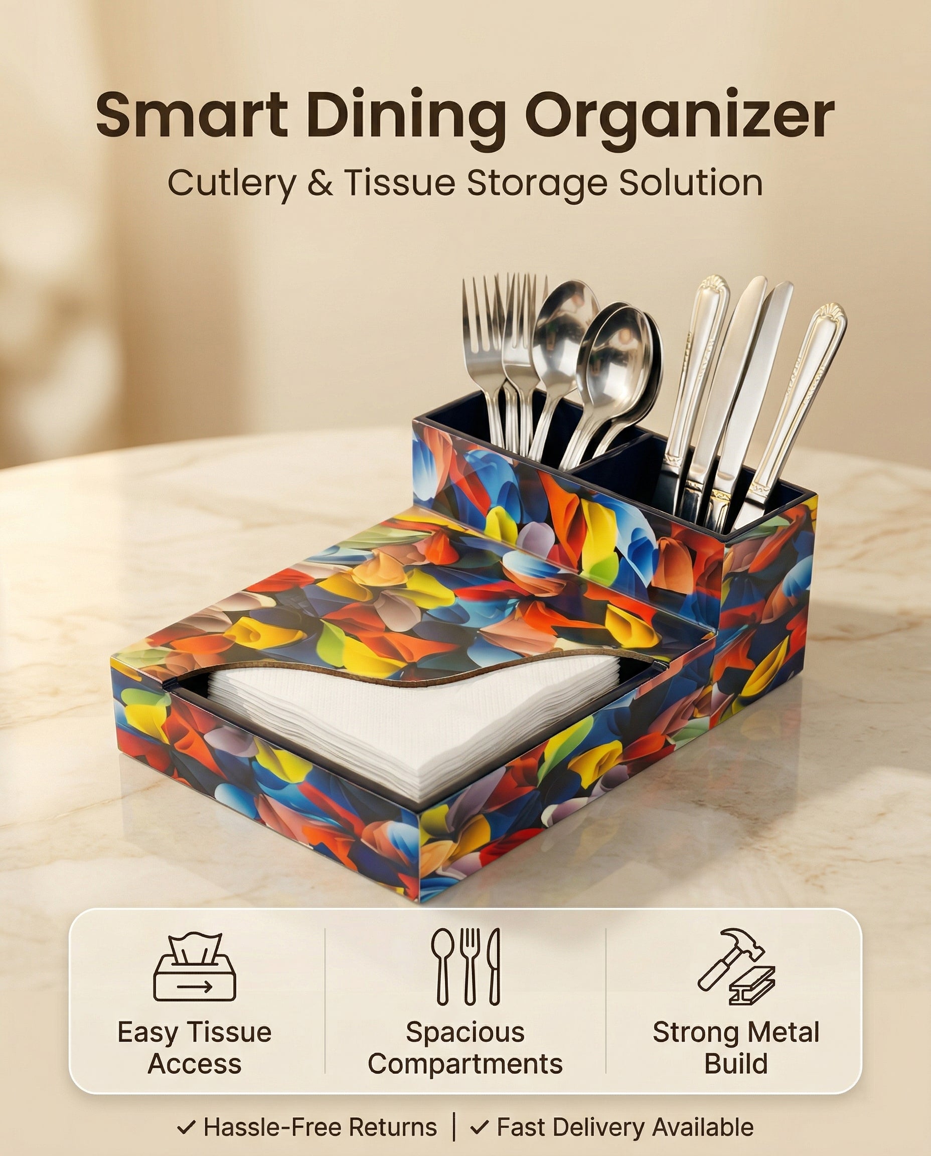 Premium MDF Cutlery & Napkin Holder | Flower Petals Printed Wooden Organizer with Dual Compartments | Multipurpose Spoon Stand for Dining Table, Kitchen & Home Décor