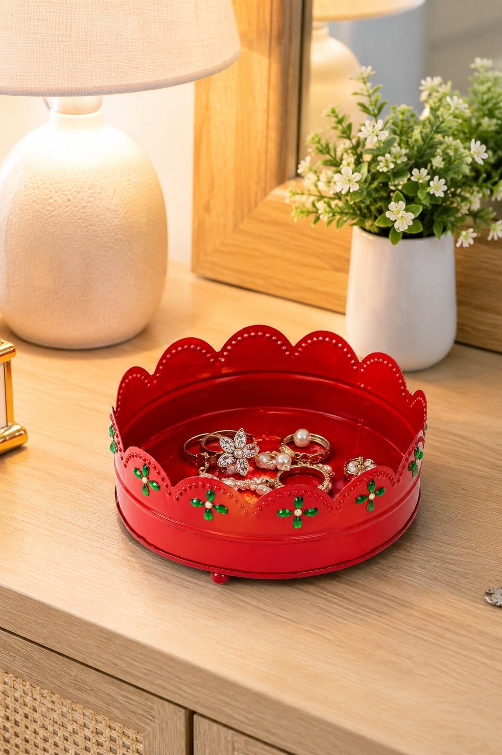 Premium Decorative Metal Gift Tray (Red) | Round Red Multipurpose Hamper Basket | Floral Cutwork Serving Tray | Fruit, Dry Fruit, Gift Packing & Home Decor Tray | 16 cm