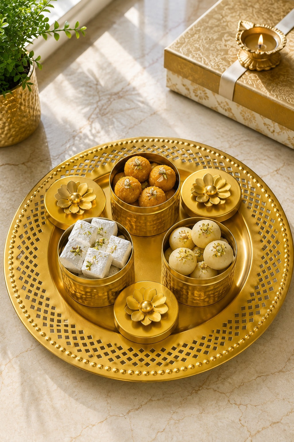 Premium Metal Dry Fruit Serving Tray Set with 3 Containers | Decorative Round Platter with Floral Lid Jars | Multipurpose Snack, Sweet, Mukhwas & Festive Serving Set for Home & Gifting