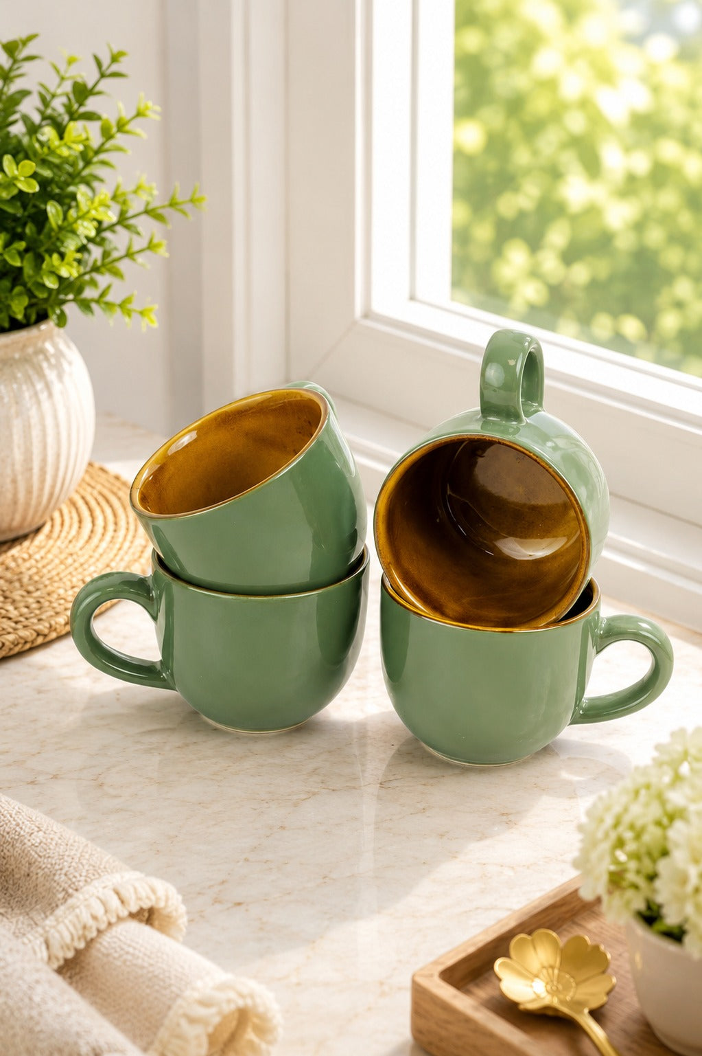 Set of 4 Ceramic Tea & Coffee Cups with Designer Serving Tray | Sage Green Coffee Mug Set | Premium Ceramic Cups for Home Kitchen & Gifting