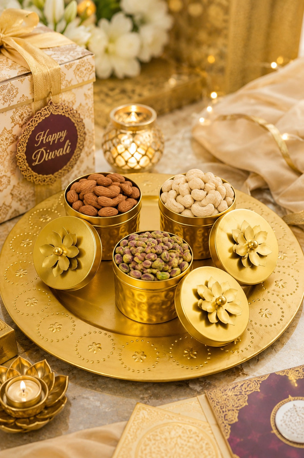 Premium Metal Dry Fruit Serving Tray Set with 3 Floral Containers | Decorative Round Platter for Dry Fruits, Sweets, Chocolates & Mukhwas | Luxury Festive Gift Hamper Tray for Diwali, Weddings & Home Décor