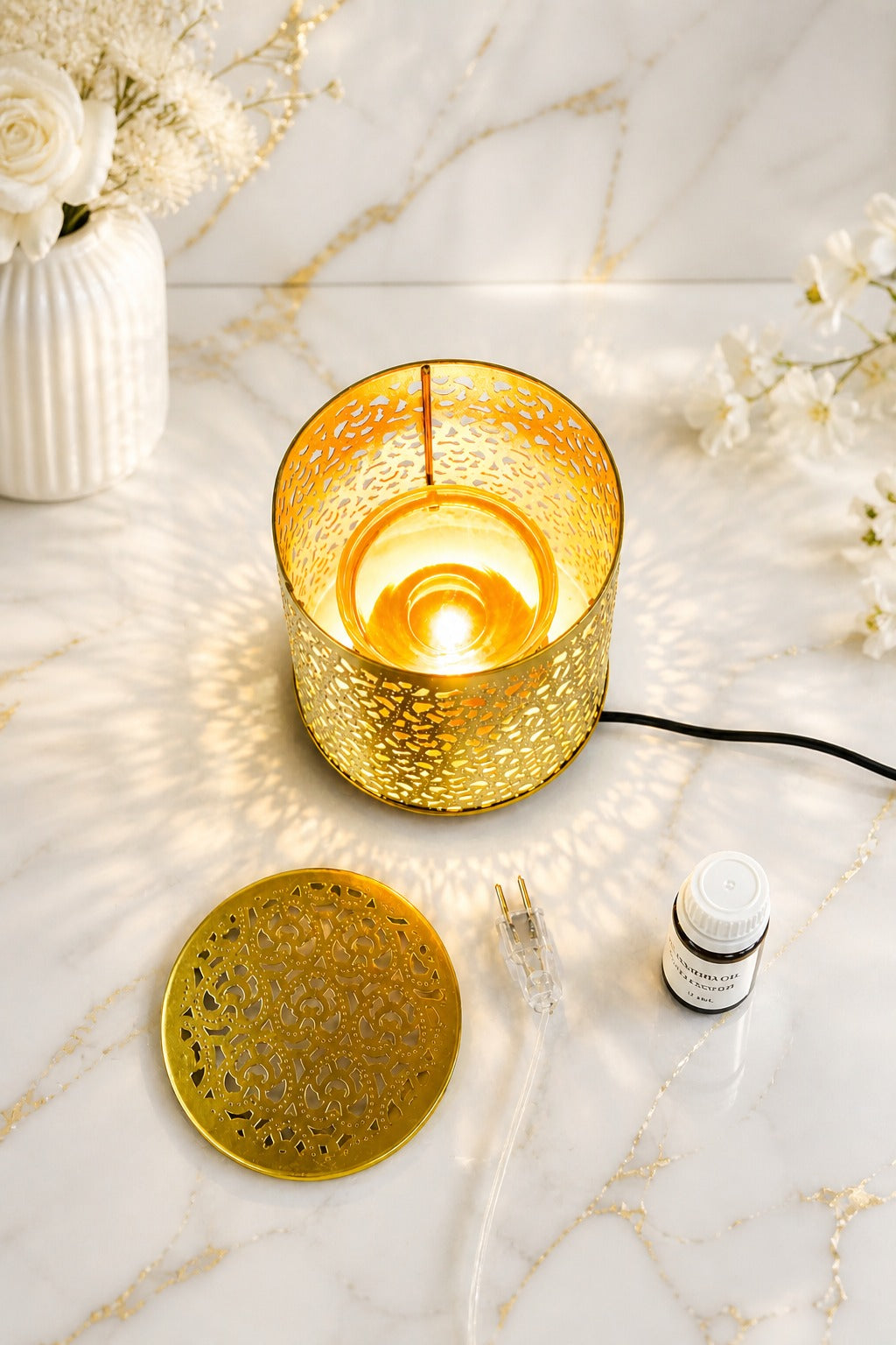 Gold Heart Cutwork Electric Aroma Diffuser Lamp With Dome Design | Essential Oil Burner For Home, Bedroom & Living Room | Includes Free Glass Bowl, 10ml Aroma Oil & 2 Electric Bulbs
