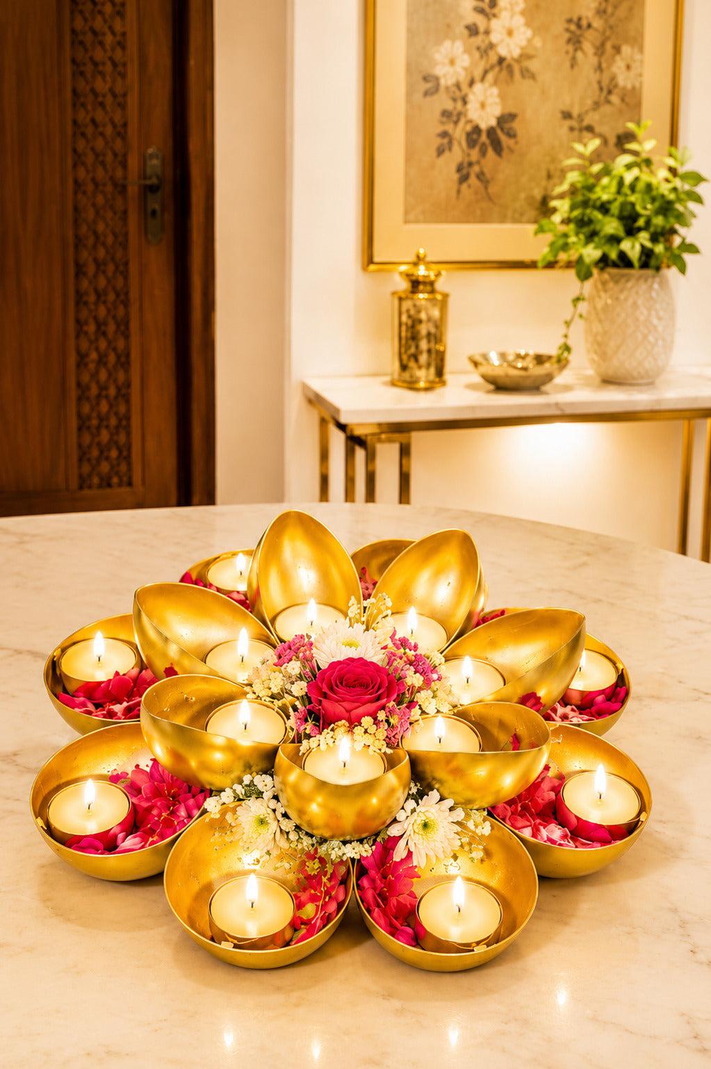 Golden Metal Urli Cum Tealight Holder Set | Decorative Diya & Flower Urli for Festive Home Décor