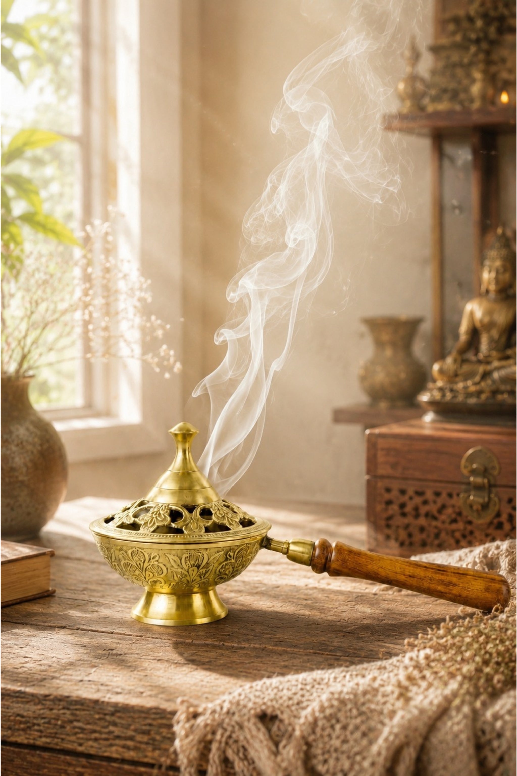 Premium Brass Loban Burner with Wooden Handle | Handcrafted Brass Dhoop Dani for Loban, Sambrani Cups, Bakhoor, Camphor & Resin Incense | Antique Floral Brass Incense Burner for Home Temple, Meditation & Gifting