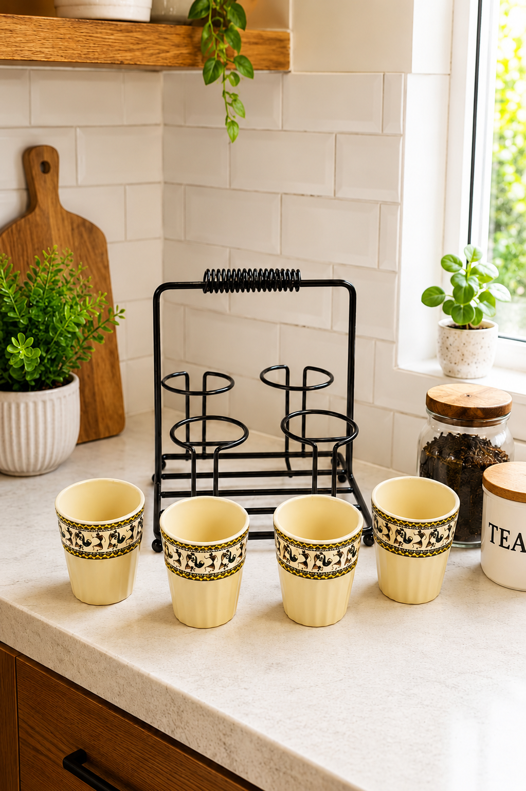 Set of 4 Ceramic Tea Cups with Metal Stand | Traditional Printed Kulhad Style Cups with Portable Holder | Tea Coffee Serving Set for Home Kitchen & Gifting