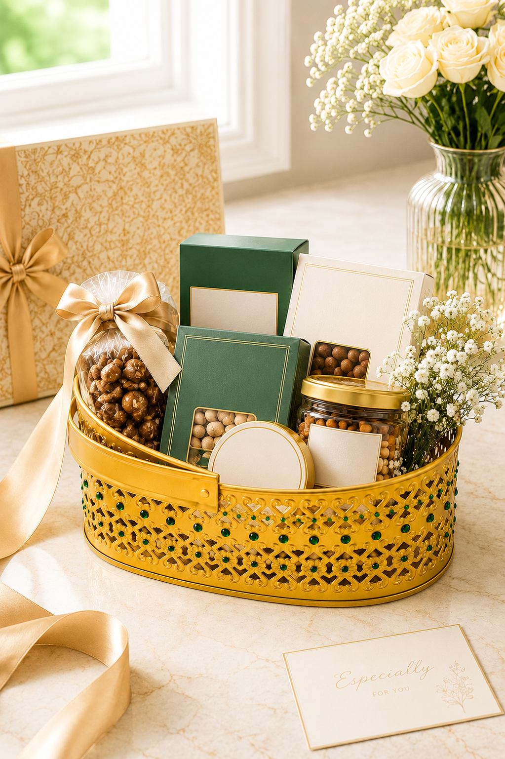Premium Decorative Metal Gift Basket with Handle | Gold Finish Storage Basket | Dry Fruit, Gift Hamper, Fruit Basket, Home Decor & Multipurpose Organizer | 25 x 11.5 x 10 cm