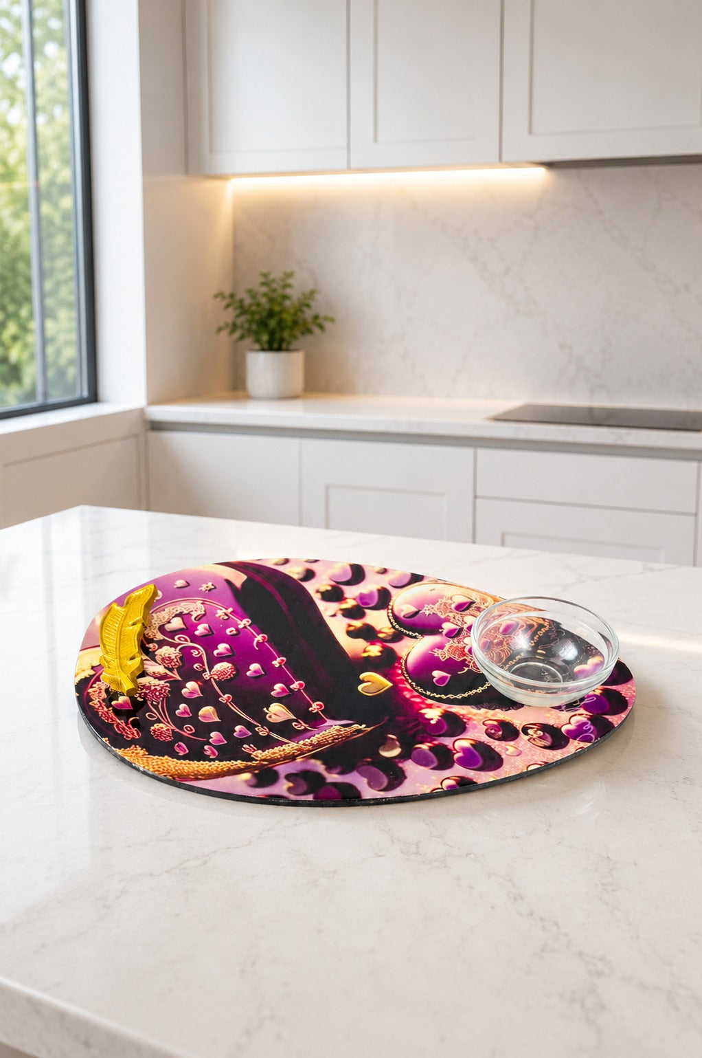Premium Oval MDF Snack Serving Platter with Glass Dip Bowl & Gold Feather Handle | Decorative Multipurpose Serving Tray for Snacks, Dry Fruits, Desserts & Tea Time