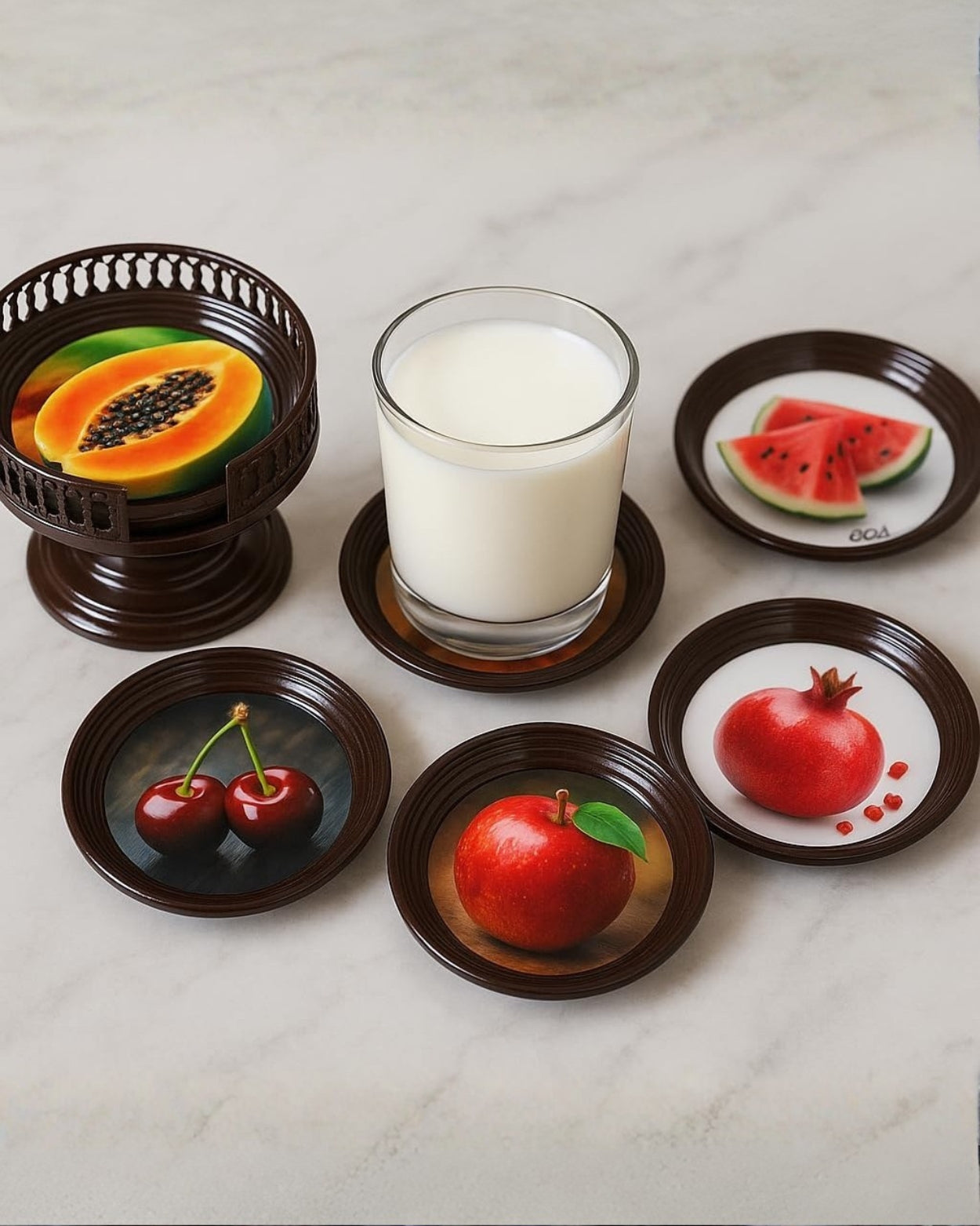 Resin Coated Metal Coaster Set of 6 | Fruit Theme Black Tea Coffee Coasters | Waterproof Heat Resistant Table Coasters