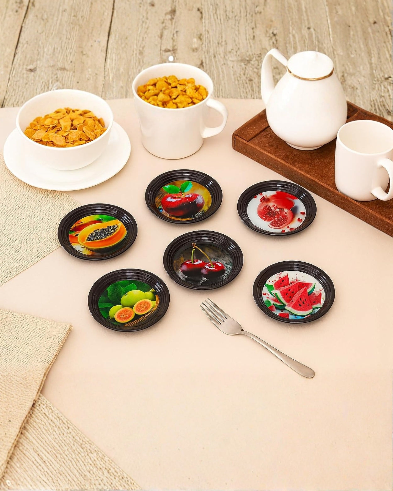 Resin Coated Metal Coaster Set of 6 | Fruit Theme Black Tea Coffee Coasters | Waterproof Heat Resistant Table Coasters