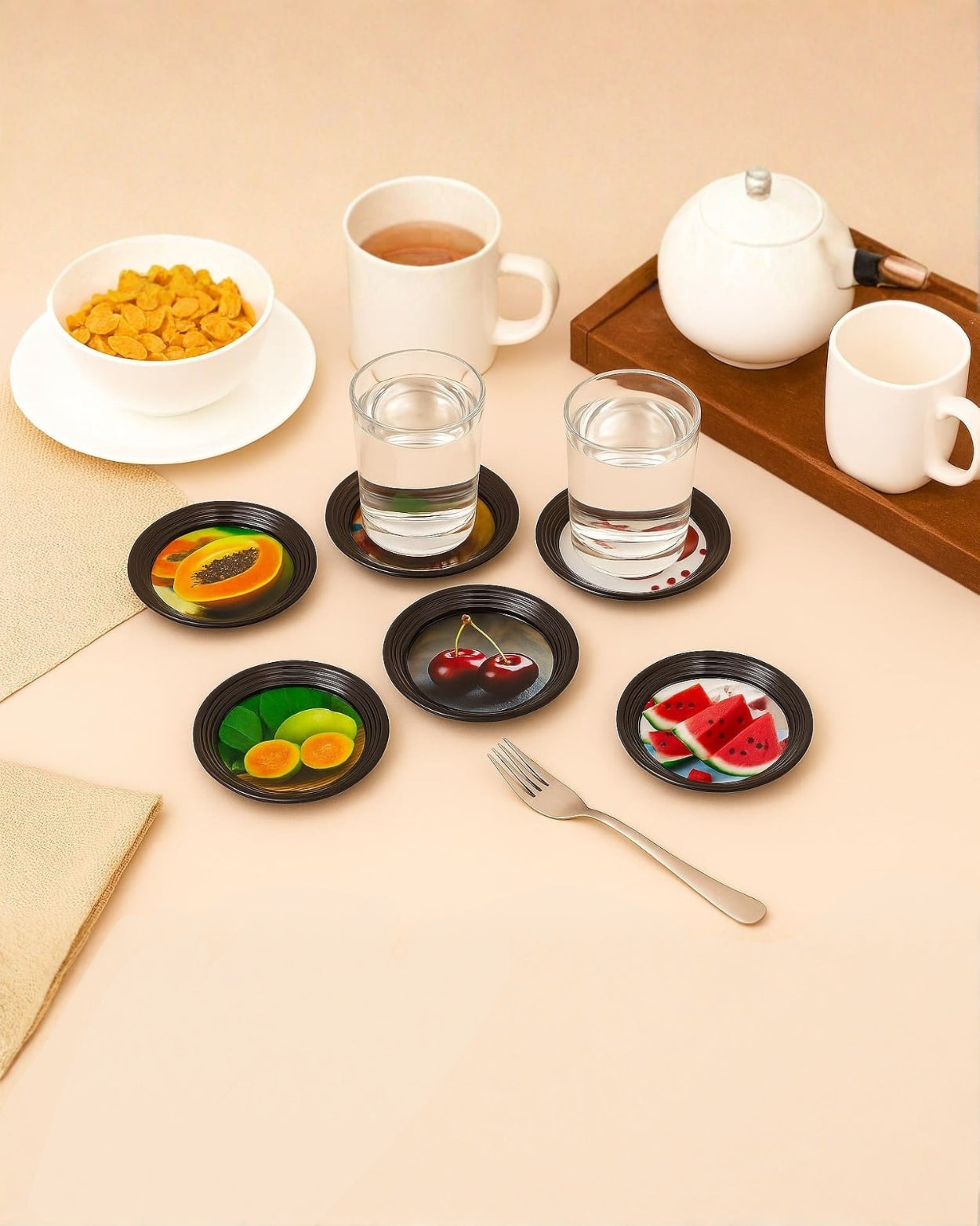 Resin Coated Metal Coaster Set of 6 | Fruit Theme Black Tea Coffee Coasters | Waterproof Heat Resistant Table Coasters