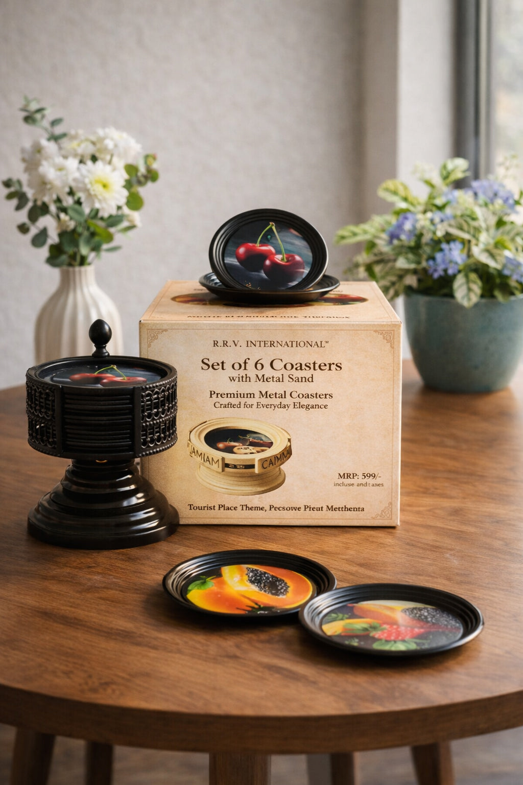 Resin Coated Metal Coaster Set of 6 | Fruit Theme Black Tea Coffee Coasters | Waterproof Heat Resistant Table Coasters