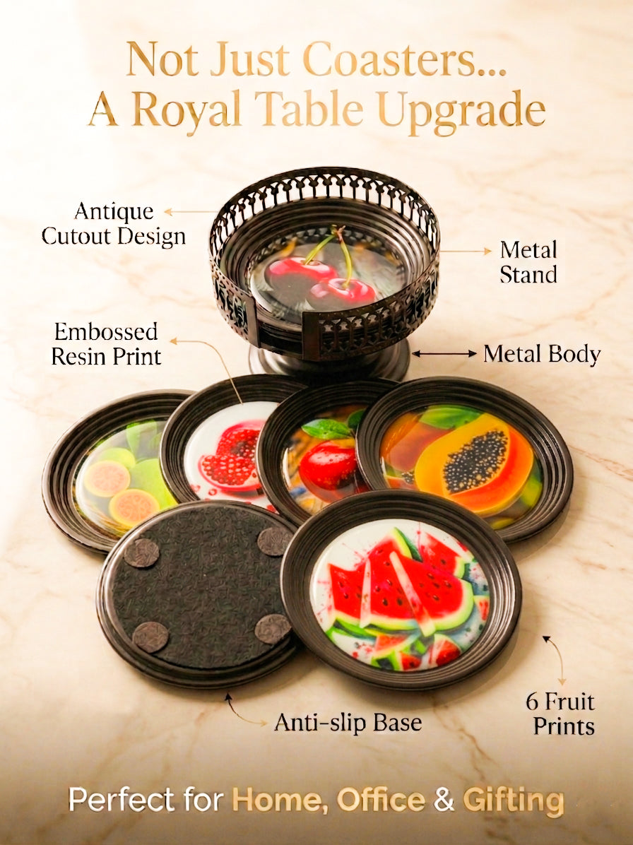 Resin Coated Metal Coaster Set of 6 | Fruit Theme Black Tea Coffee Coasters | Waterproof Heat Resistant Table Coasters