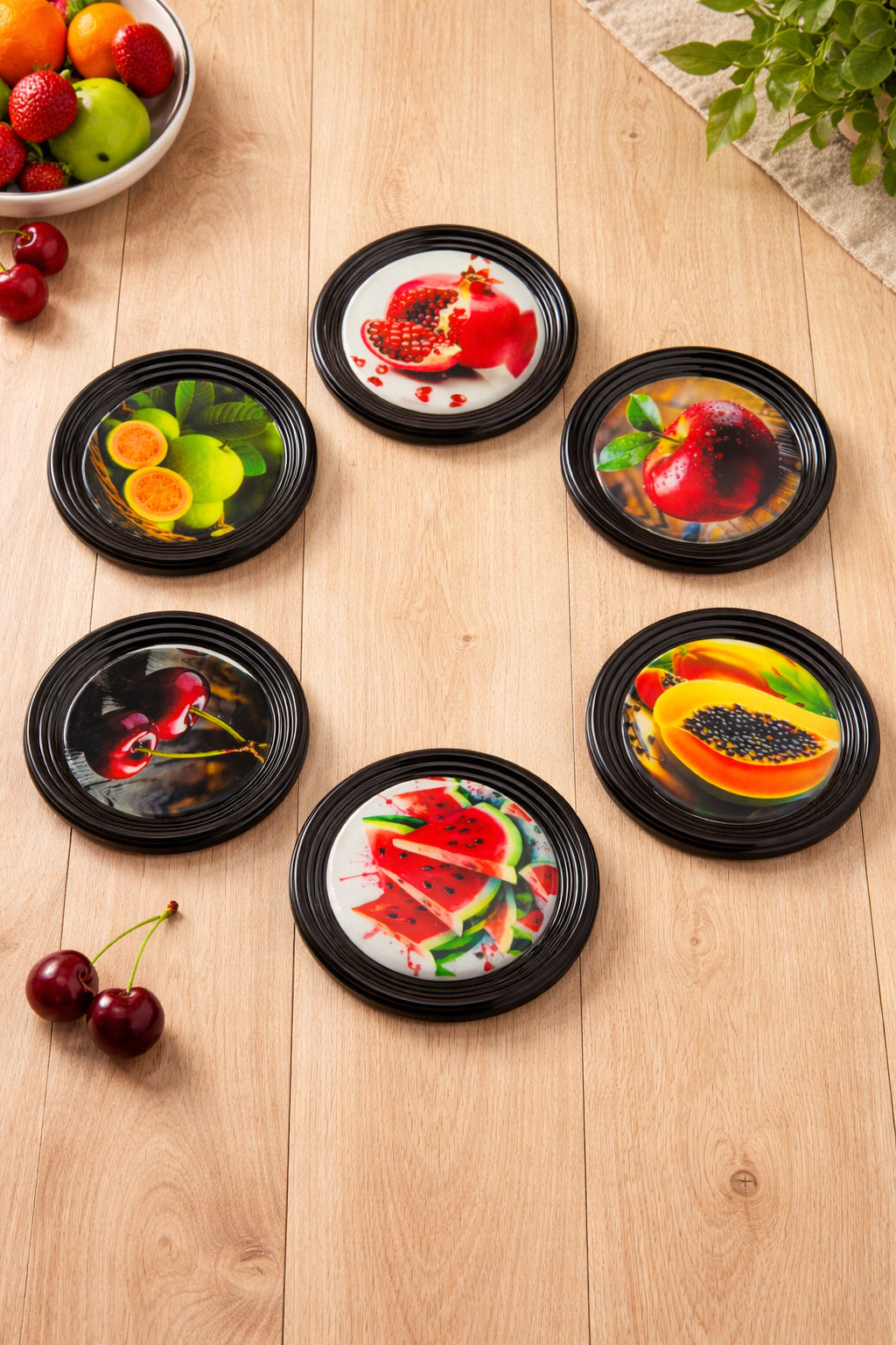 Resin Coated Metal Coaster Set of 6 | Fruit Theme Black Tea Coffee Coasters | Waterproof Heat Resistant Table Coasters