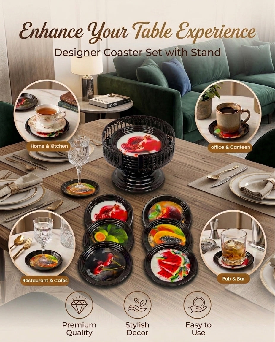 Resin Coated Metal Coaster Set of 6 | Fruit Theme Black Tea Coffee Coasters | Waterproof Heat Resistant Table Coasters