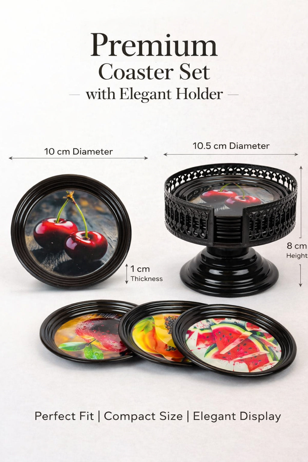 Resin Coated Metal Coaster Set of 6 | Fruit Theme Black Tea Coffee Coasters | Waterproof Heat Resistant Table Coasters