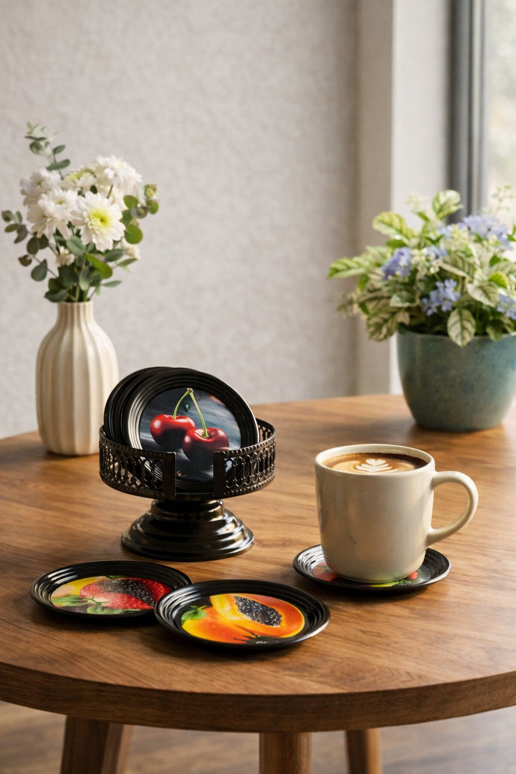 Resin Coated Metal Coaster Set of 6 | Fruit Theme Black Tea Coffee Coasters | Waterproof Heat Resistant Table Coasters