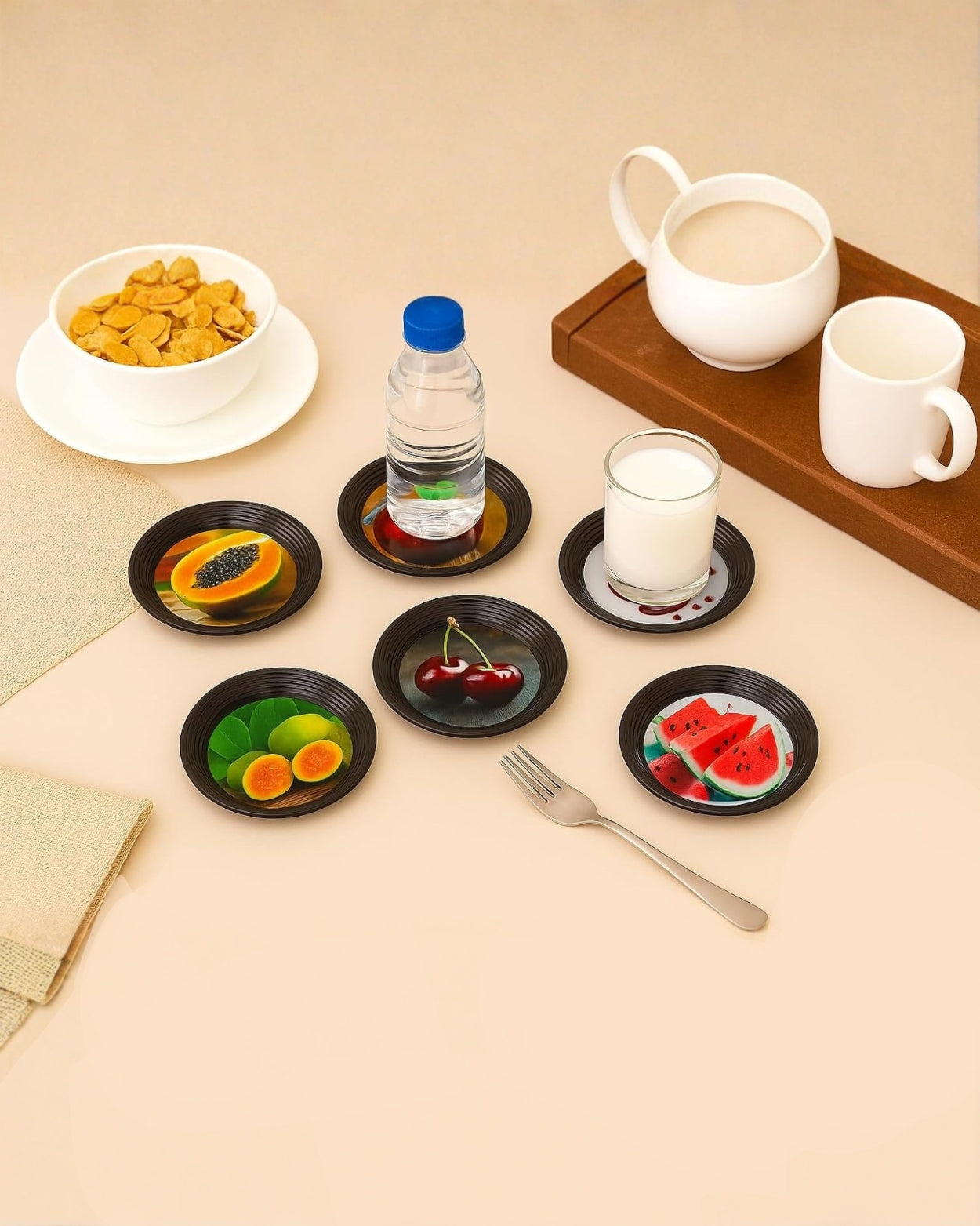 Resin Coated Metal Coaster Set of 6 | Fruit Theme Black Tea Coffee Coasters | Waterproof Heat Resistant Table Coasters