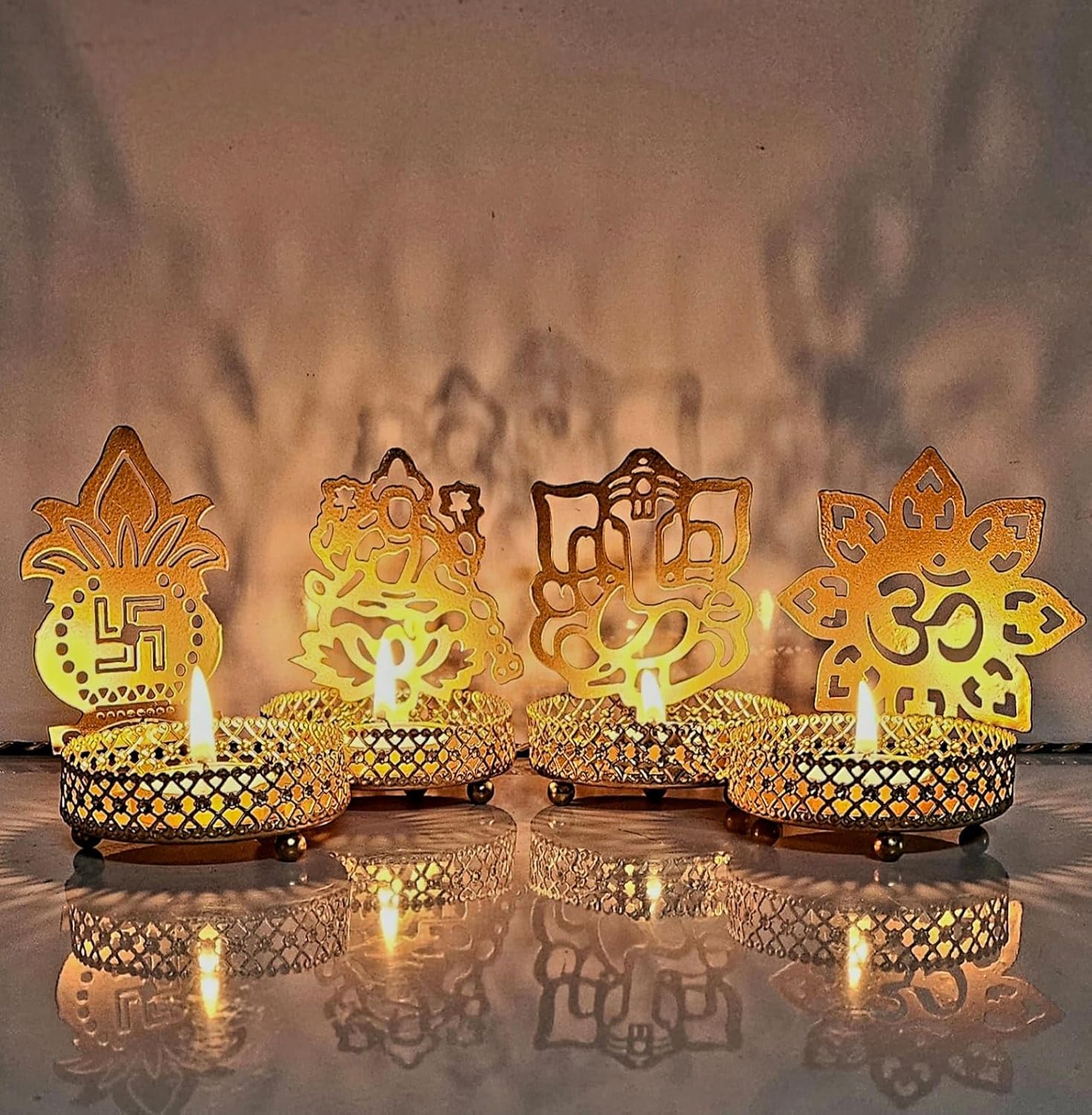 Modern Metal Tea Light Candle Holder Set | 4 Piece Spiritual Design Diya Stand | Decorative Table Décor for Home & Festive Lighting
