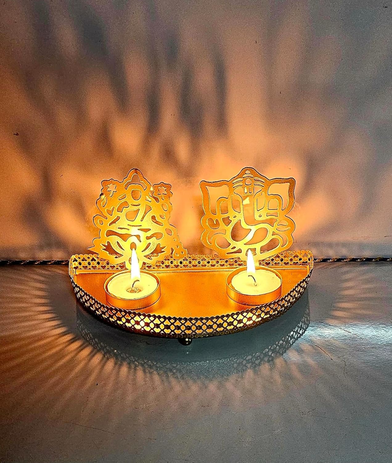 Modern Metal Ganesha Ji & Laxmi Ji Tea Light Candle Holder | 2 Cup Wall Mounted Diya Stand | Decorative Spiritual Wall Décor for Home & Festive Lighting