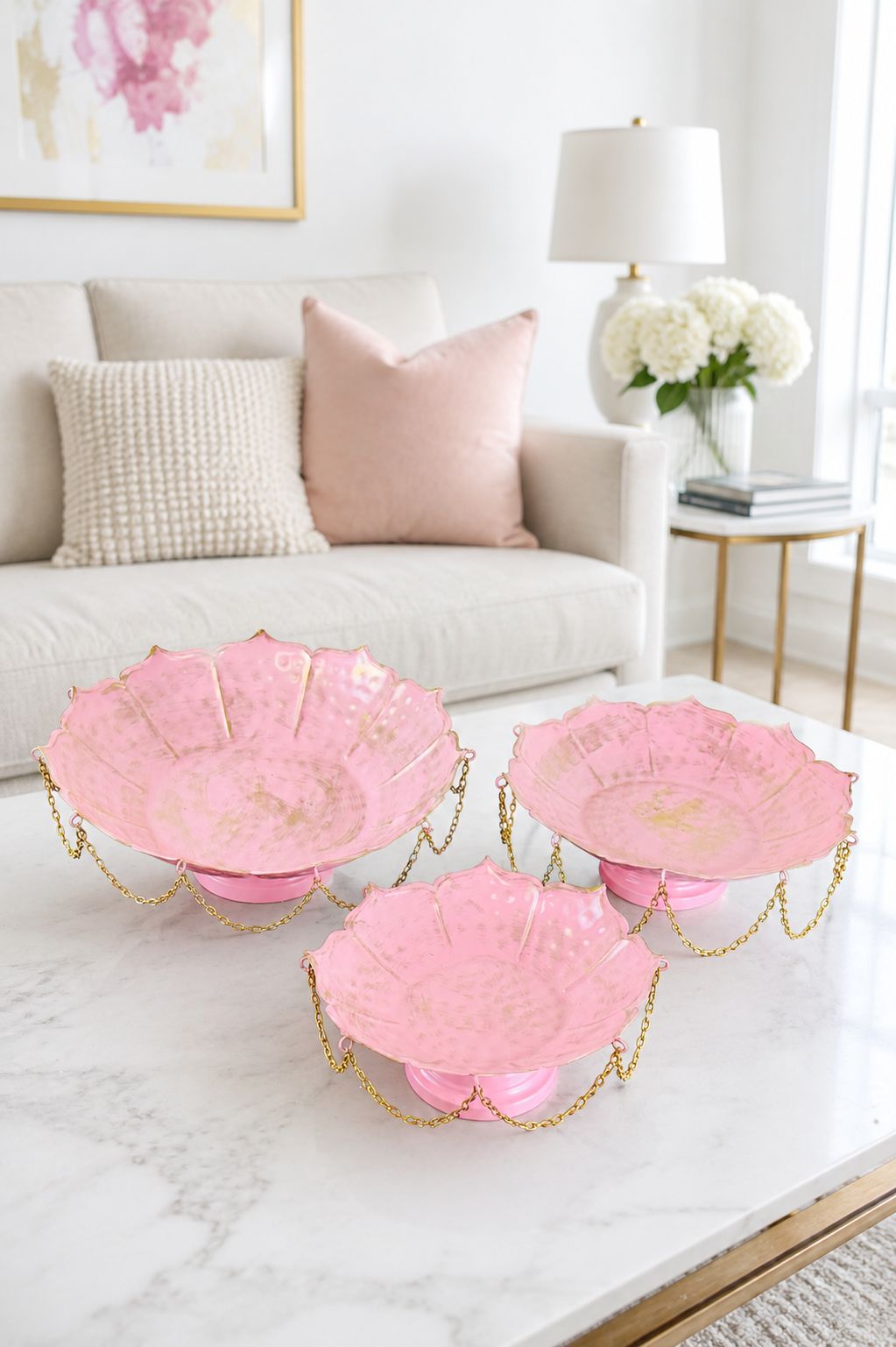 Premium Pink Lotus Urli Bowl Set of 3 with Decorative Chain | Handcrafted Metal Floating Flower Bowls for Water, Candles & Tea Lights | Decorative Urli for Diwali, Wedding, Pooja & Home Décor