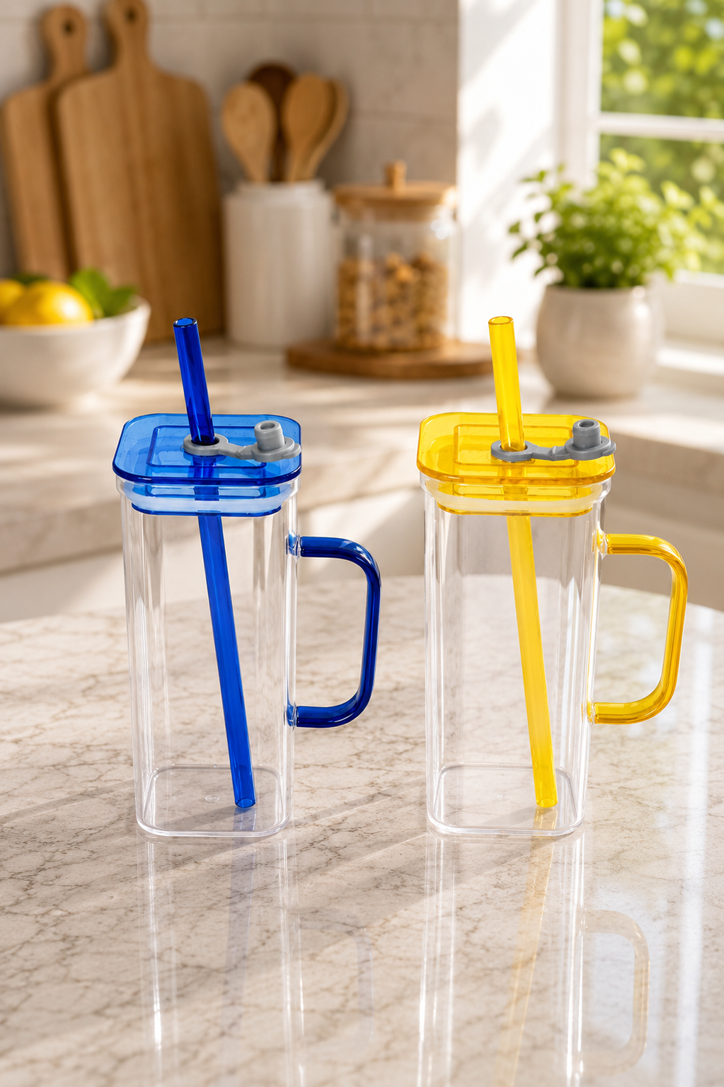 Double Wall Juice Glass Set Of 2 With Lid & Straw With MDF Serving Tray | Square Transparent Drink Glasses For Juice Water Cold Coffee Smoothies