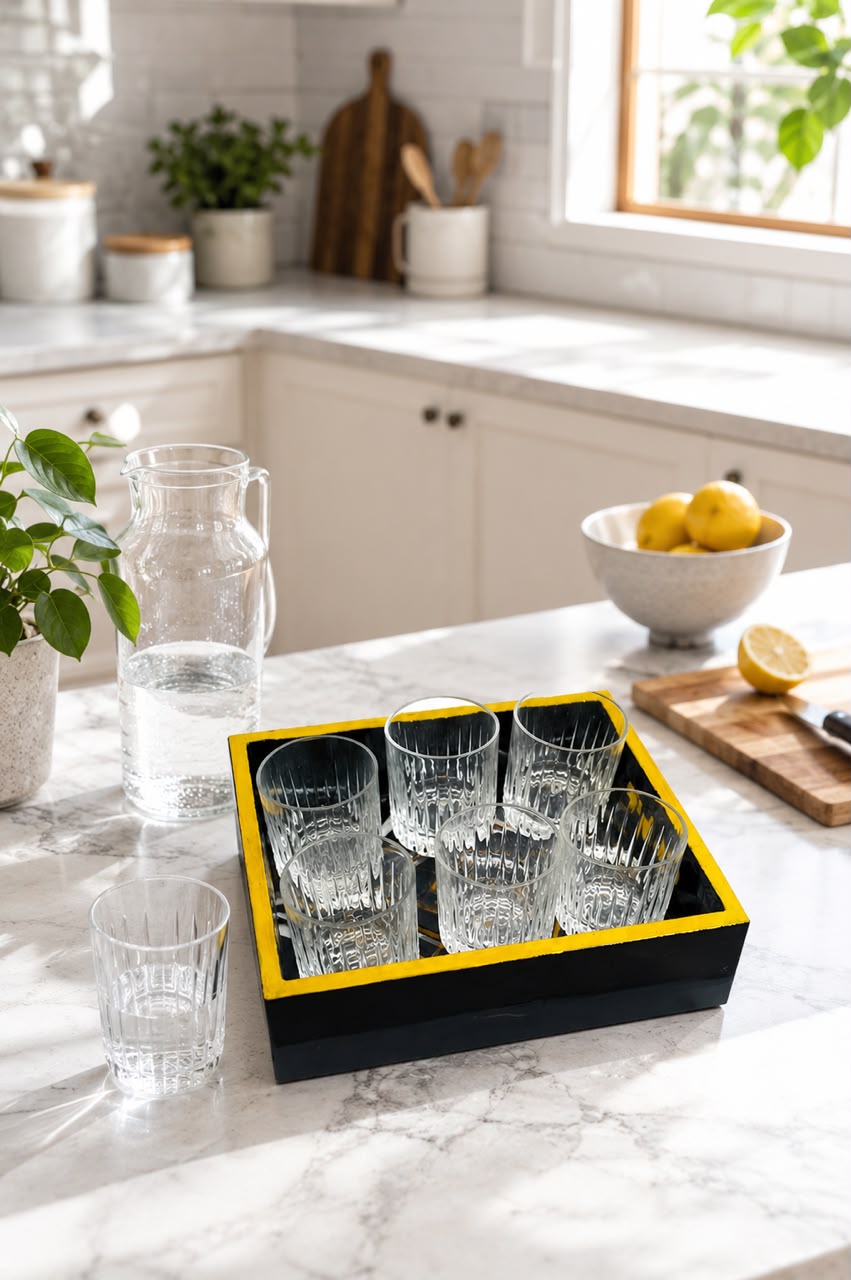 Premium Wooden Serving Tray with 6 Glasses Set | Black & Gold Serving Tray with Premium Glass Tumblers | Tea, Juice, Whisky, Water, Cocktail & Mocktail Serving Set | Home, Office, Party & Gift