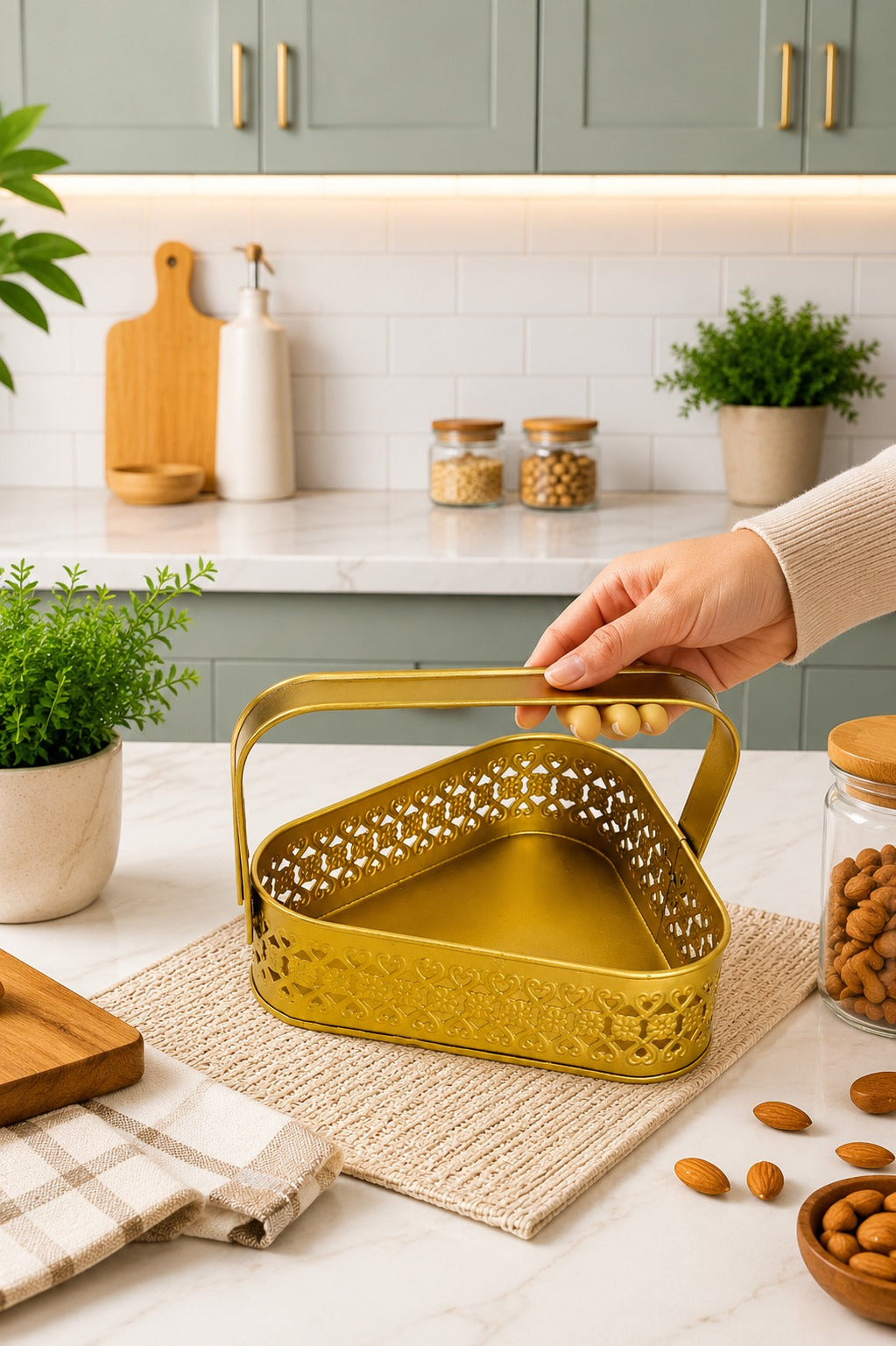Premium Triangle Metal Basket with Handle (Small) | Decorative Gold Serving Basket | Gift Hamper Basket | Fruit & Dry Fruit Basket | Metal Organizer Tray for Home Décor