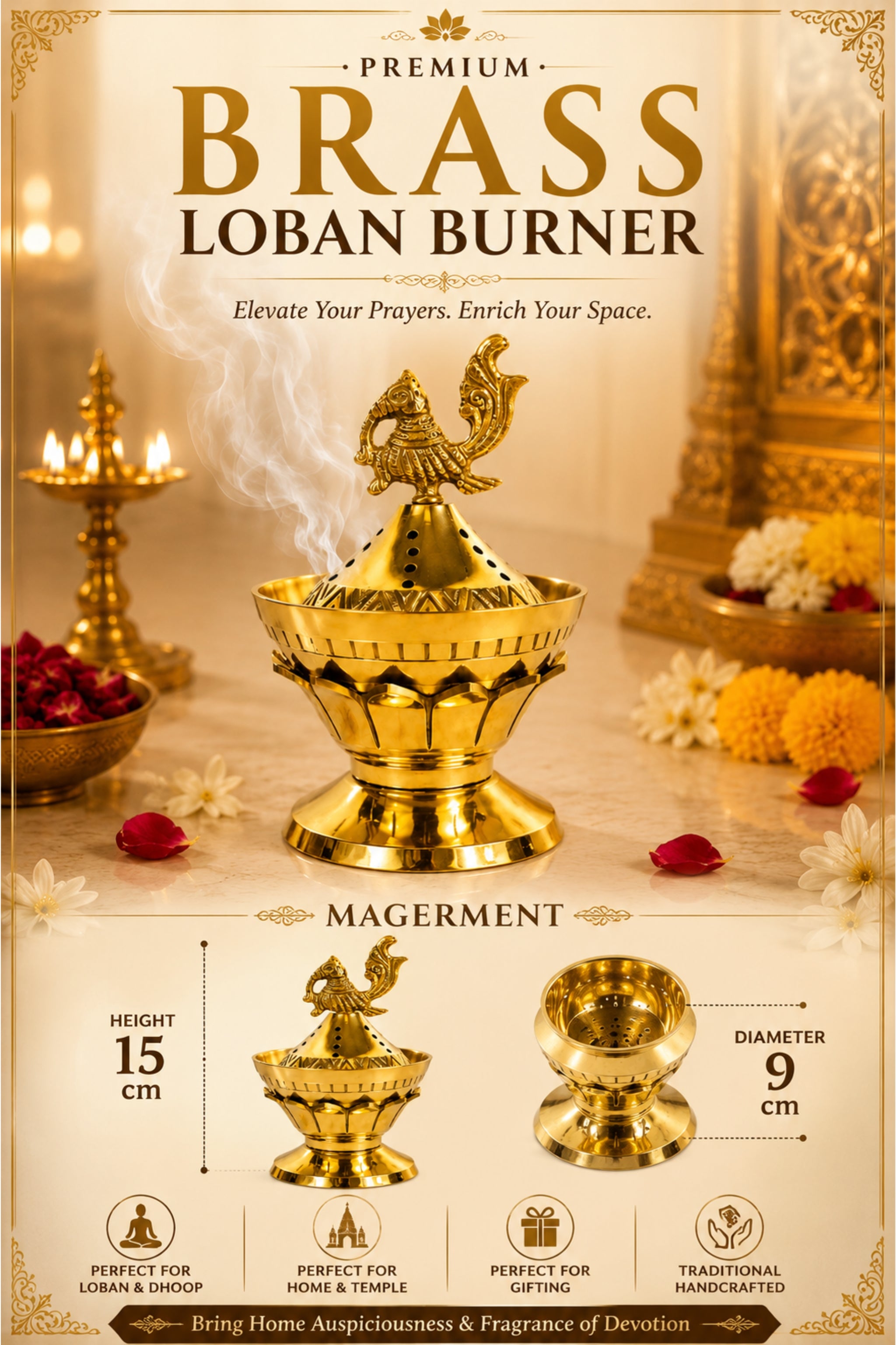 Brass Loban Incense Burner | Peacock Design Dhoop Dani Dhuni Sambrani Bakhoor Burner | Decorative Incense Holder for Home & Temple