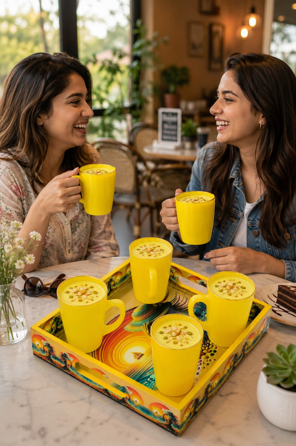 Set of 4 Yellow Glass Coffee Mugs with Designer Serving Tray | Premium Tea Coffee Cup Set | Decorative Serving Set for Home Kitchen & Gifting
