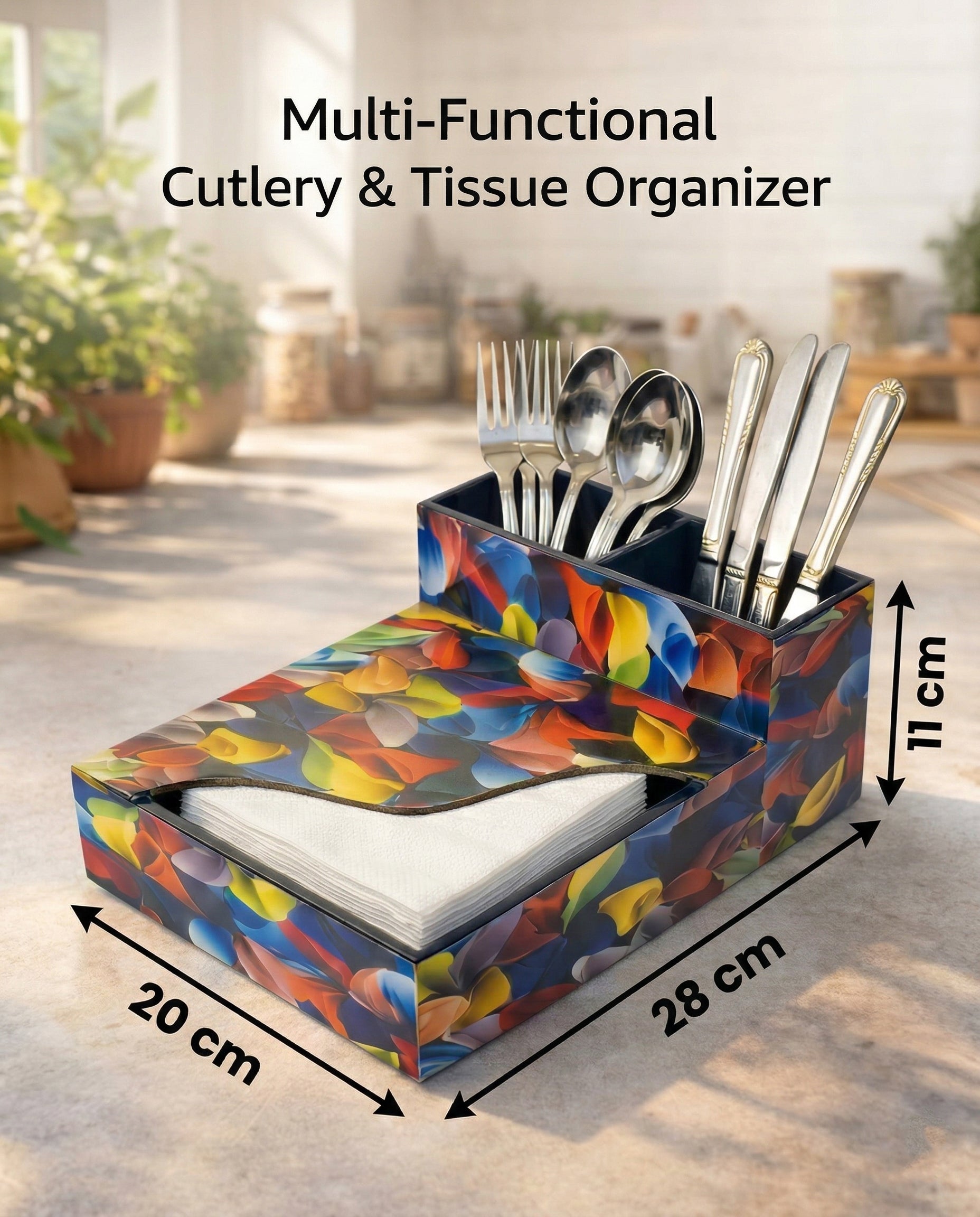 Premium MDF Cutlery & Napkin Holder | Flower Petals Printed Wooden Organizer with Dual Compartments | Multipurpose Spoon Stand for Dining Table, Kitchen & Home Décor