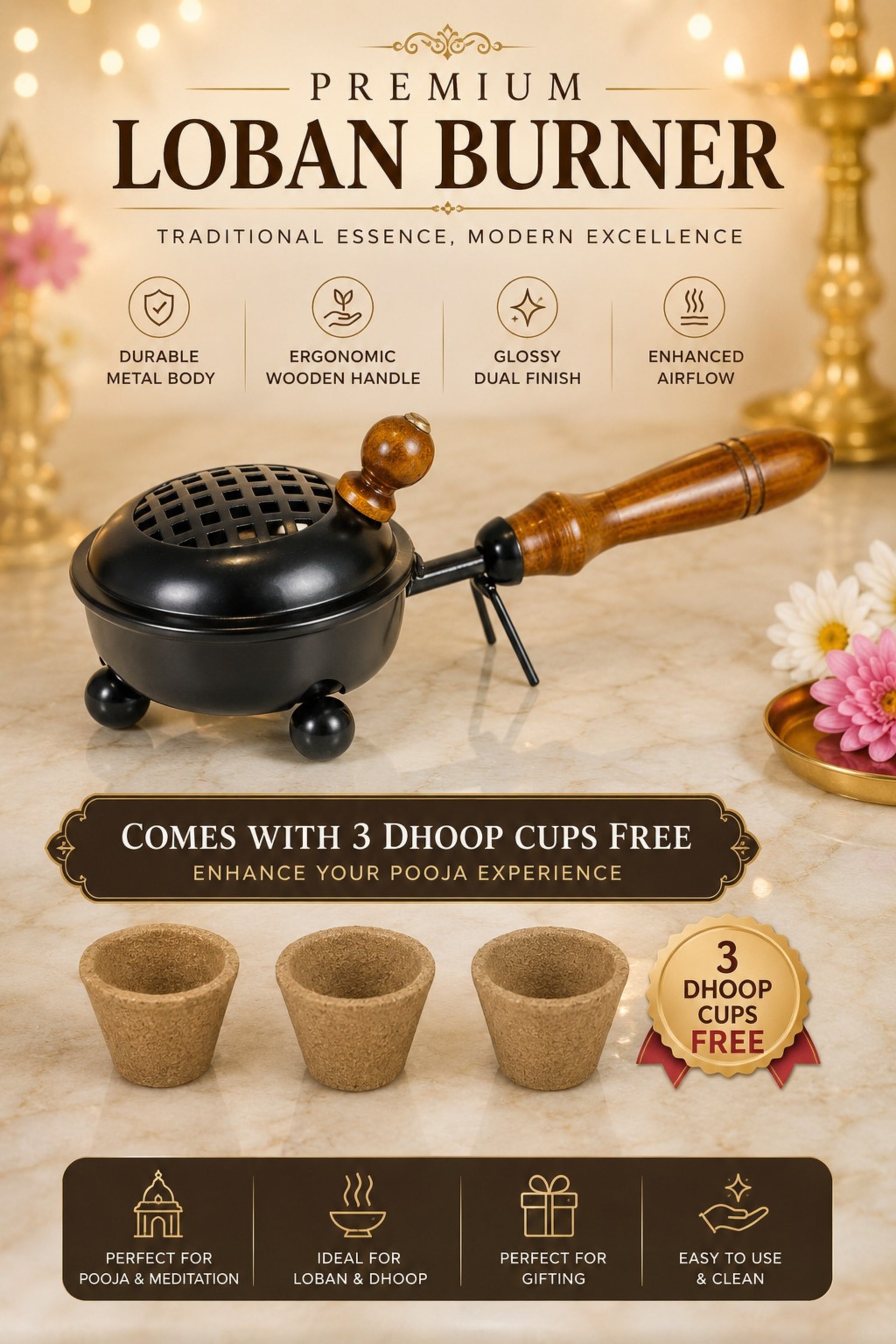 Black Metal Dhoop Dani with Wooden Handle & Lid for Pooja, Loban & Sambrani Burning | Covered Incense Burner for Home Temple, Havan, Vastu & Daily Use Puja Item