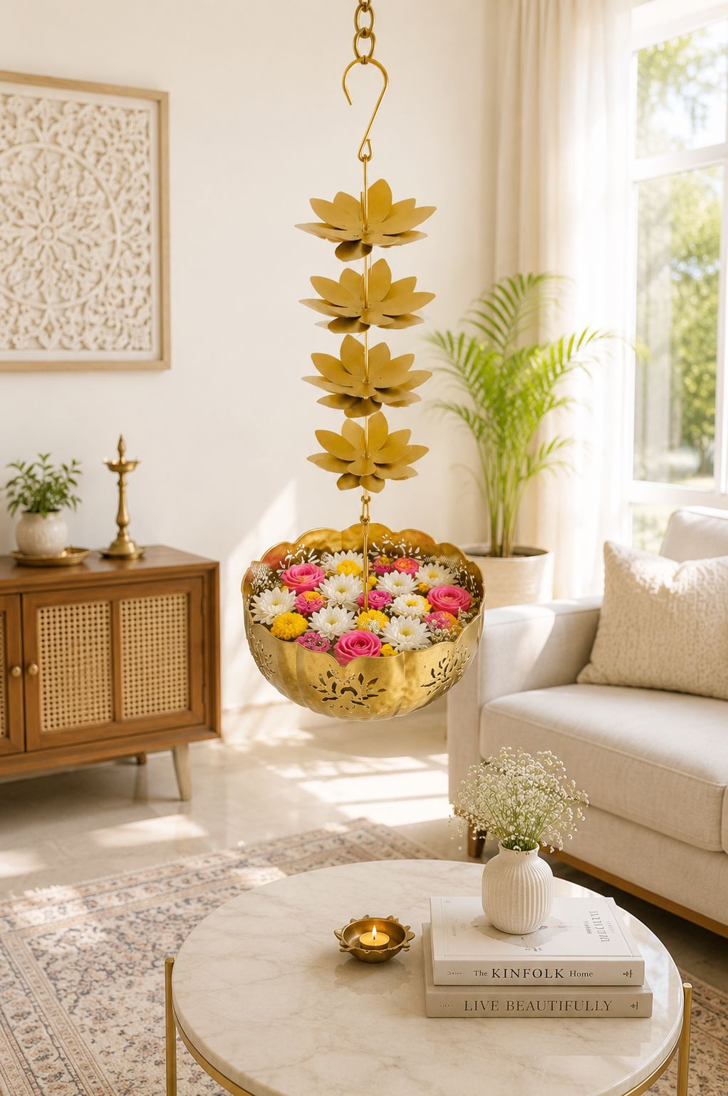 Premium Hanging Lotus Urli Bowl | Decorative Metal Hanging Flower Urli for Floating Flowers, Water & Candles | Traditional Hanging Urli for Diwali, Pooja, Wedding & Home Decoration