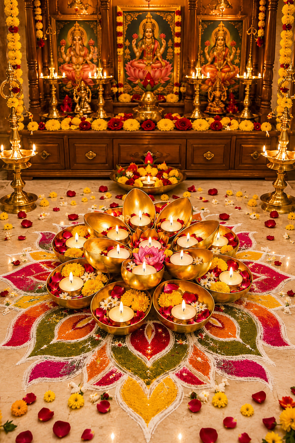 Golden Metal Urli Cum Tealight Holder Set | Decorative Diya & Flower Urli for Festive Home Décor