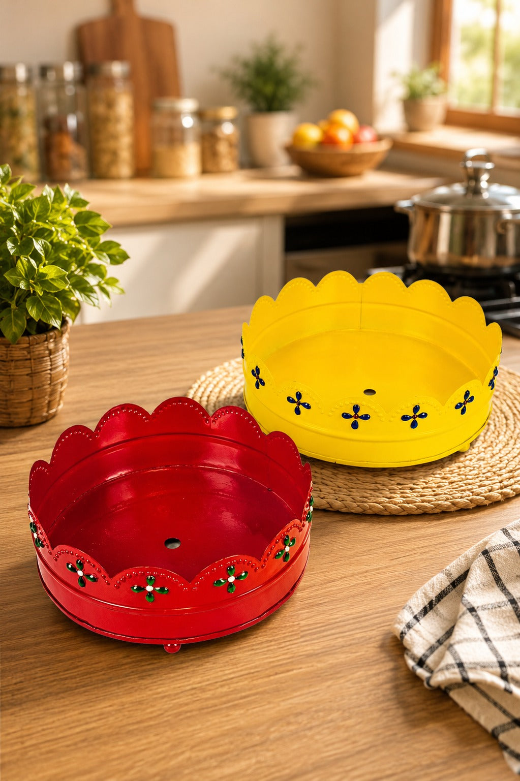 Premium Decorative Metal Tray Set of 2 | Round Multipurpose Gift Hamper Basket | Red & Yellow Floral Serving Trays | Fruit, Dry Fruit, Pooja & Home Decor Tray