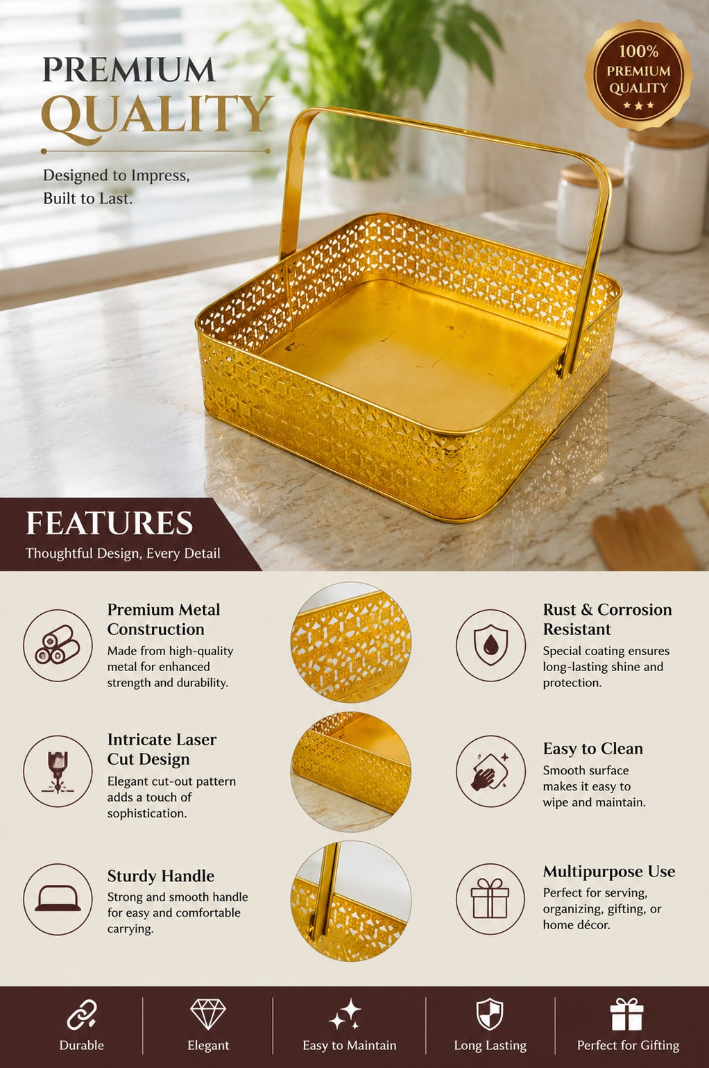 Premium Golden Metal Gift Basket with Handle | Small Decorative Storage Basket | Multipurpose Fruit Basket, Dry Fruit Hamper, Pooja Basket, Vanity Organizer & Home Decor | 21 x 21 x 9 cm