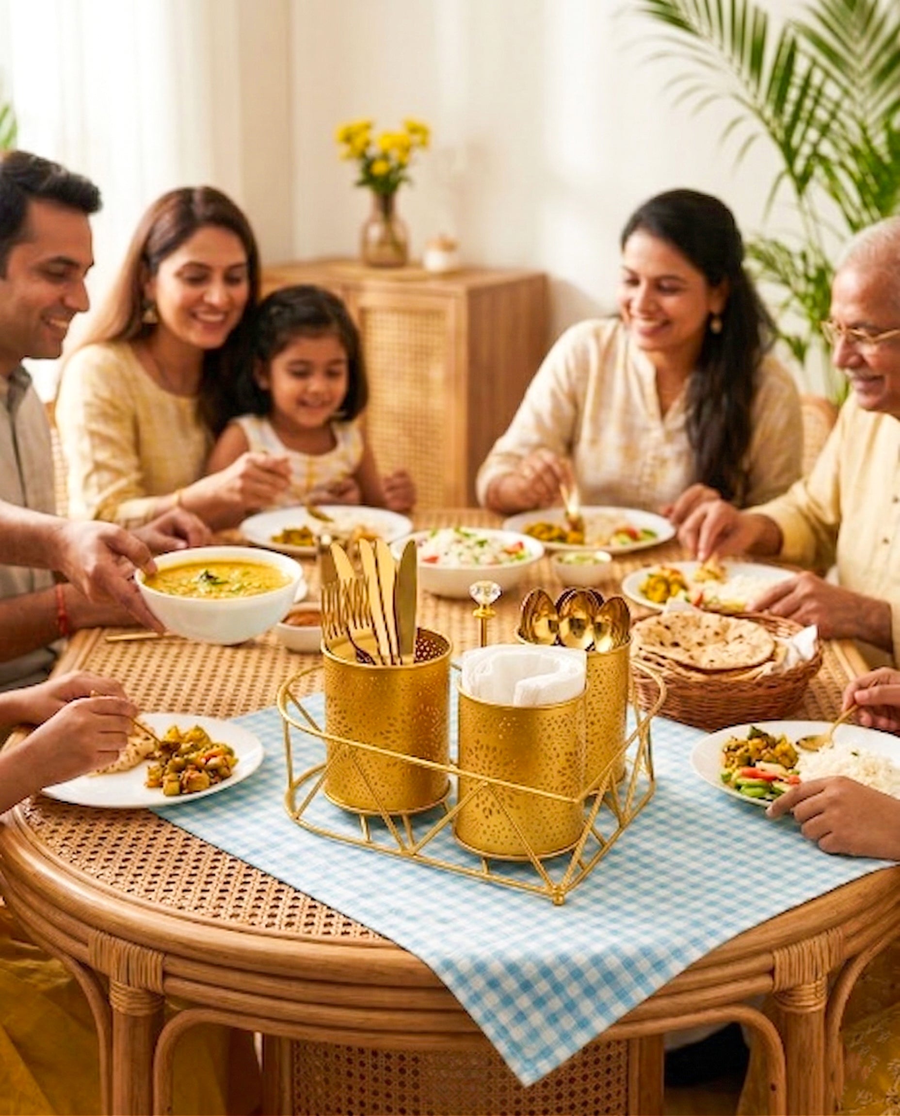 Premium 3-Compartment Metal Cutlery & Napkin Holder | Elegant Gold Finish Galvanized Organizer with Stand | Spoon, Fork, Knife & Tissue Storage for Dining Table & Kitchen Décor