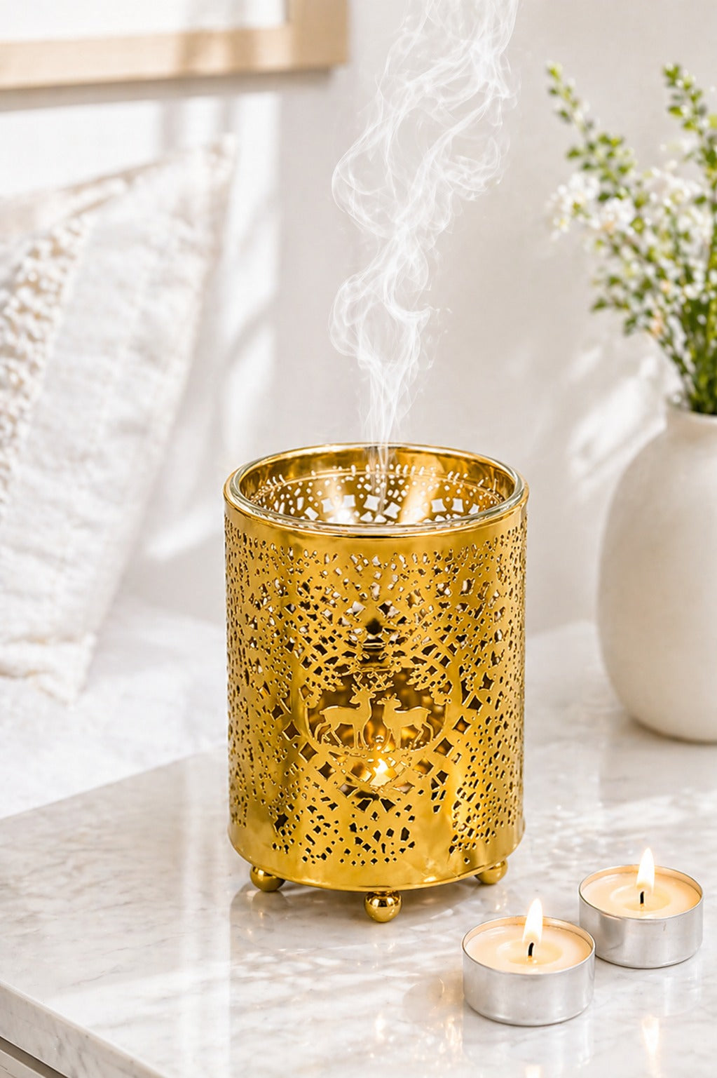 Premium Gold Metal Aroma Oil Burner Set with Tea Light Candles & Essential Oil | Designer Cutwork Candle Diffuser | Warm Ambient Fragrance Burner | Elegant Home Décor & Gifting Combo