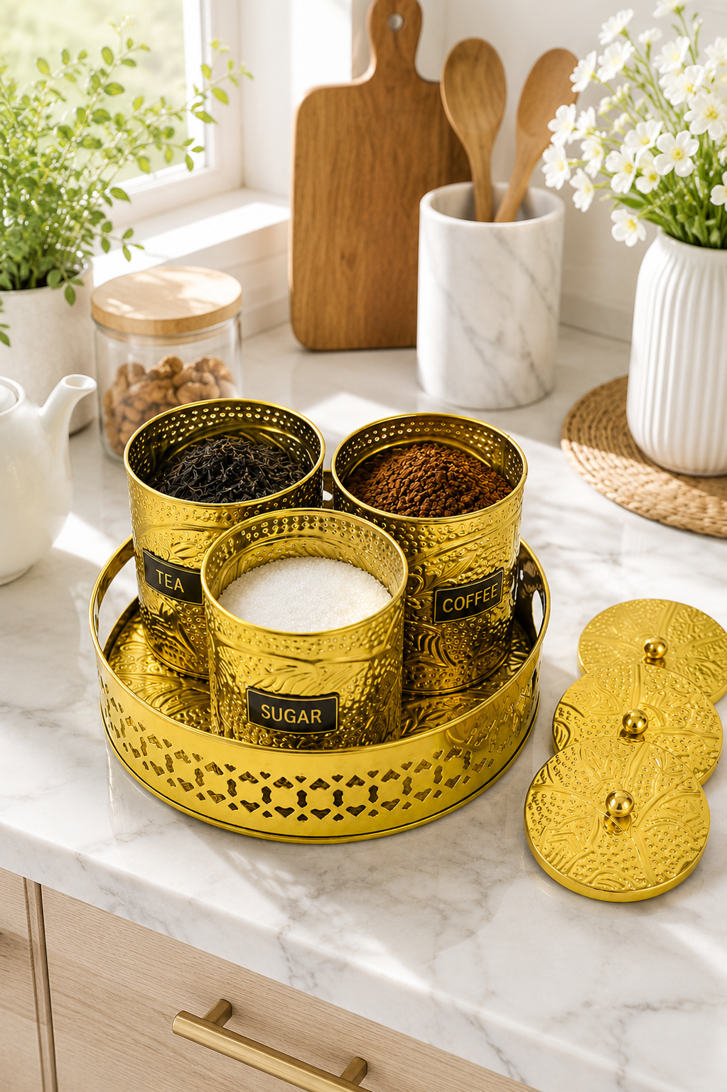 Premium Brass Dry Fruit Container Set with Tray | 3 Storage Jars with Lids | Decorative Brass Serveware | Dry Fruit, Mukhwas, Candy & Spice Organizer | Gift Set