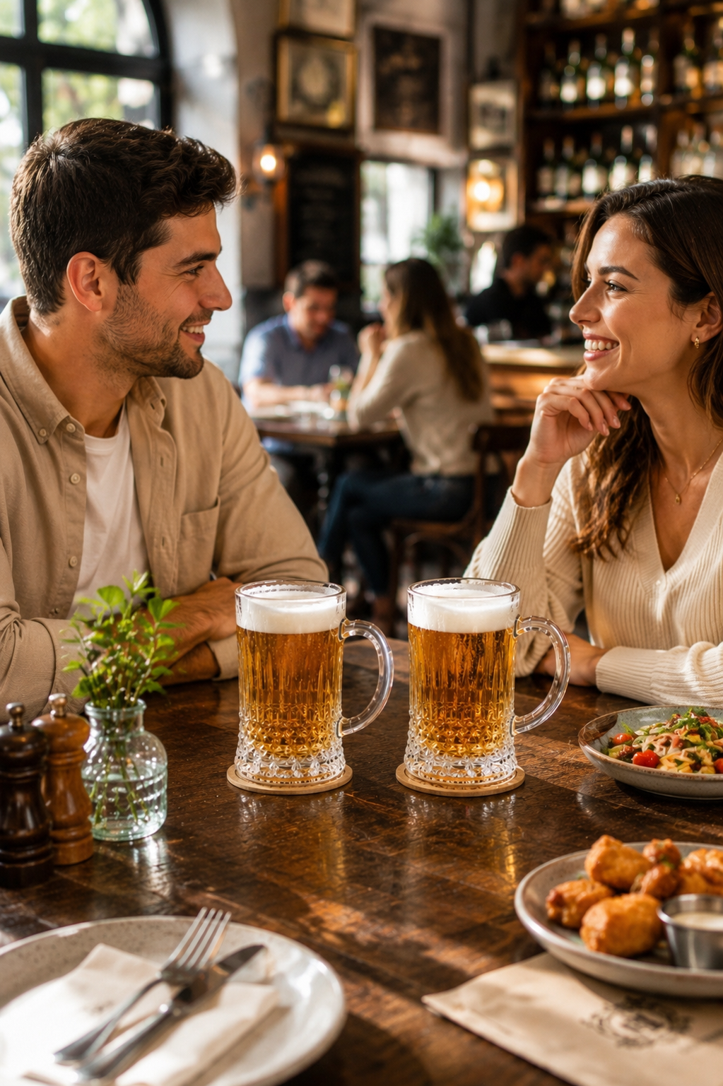 Premium Beer Mug Set with Decorative MDF Serving Tray | 2 Crystal Clear Glass Beer Mugs with Marble Finish Tray | Heavy Handle Beer Glasses for Beer, Juice, Soft Drinks & Home Bar Gift Set