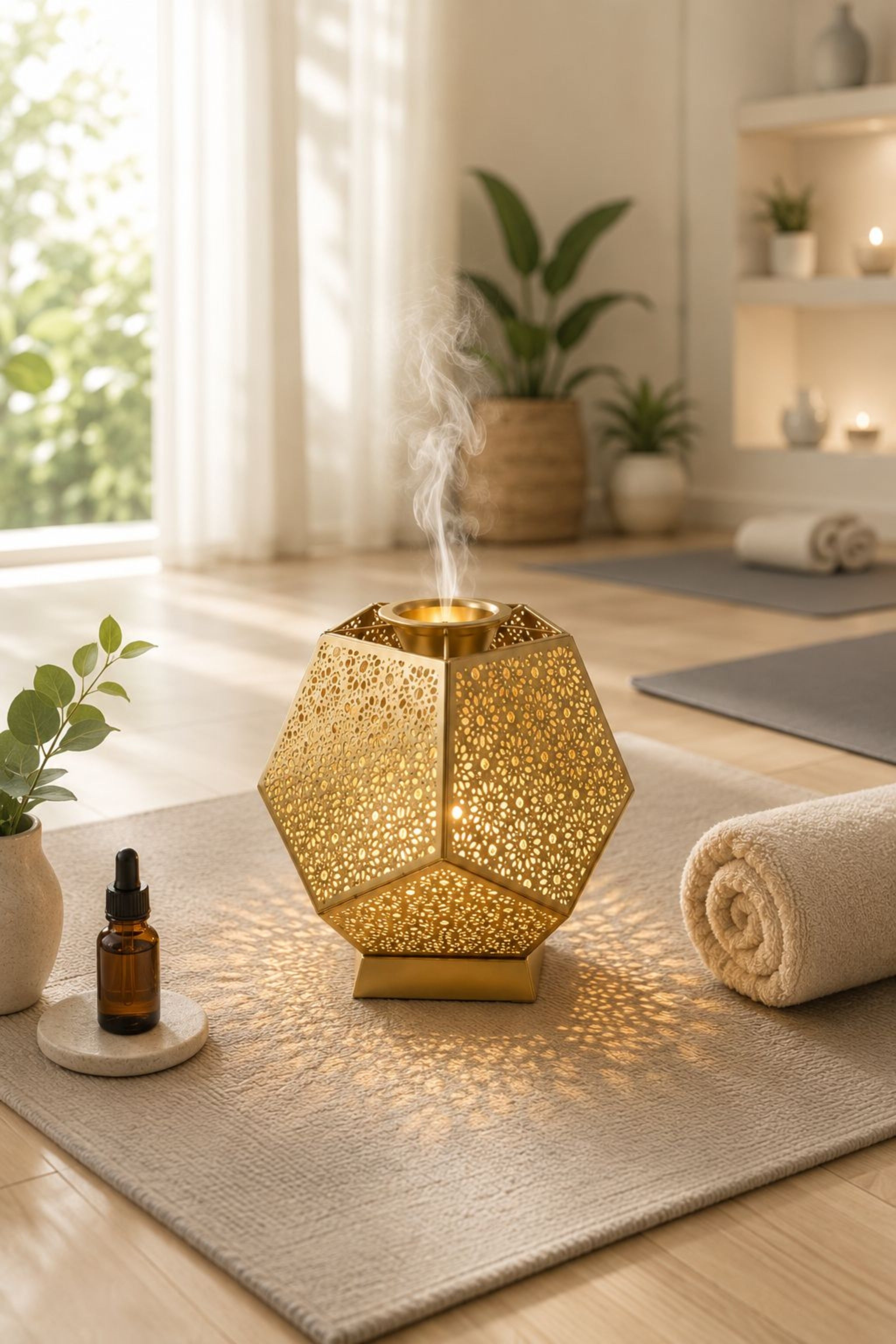 Golden Metal Electric Aroma Diffuser Lamp with Laser Cut Shadow Design | Essential Oil Burner with Warm Light for Home Décor, Bedroom, Spa, Diwali Gifting & Relaxation