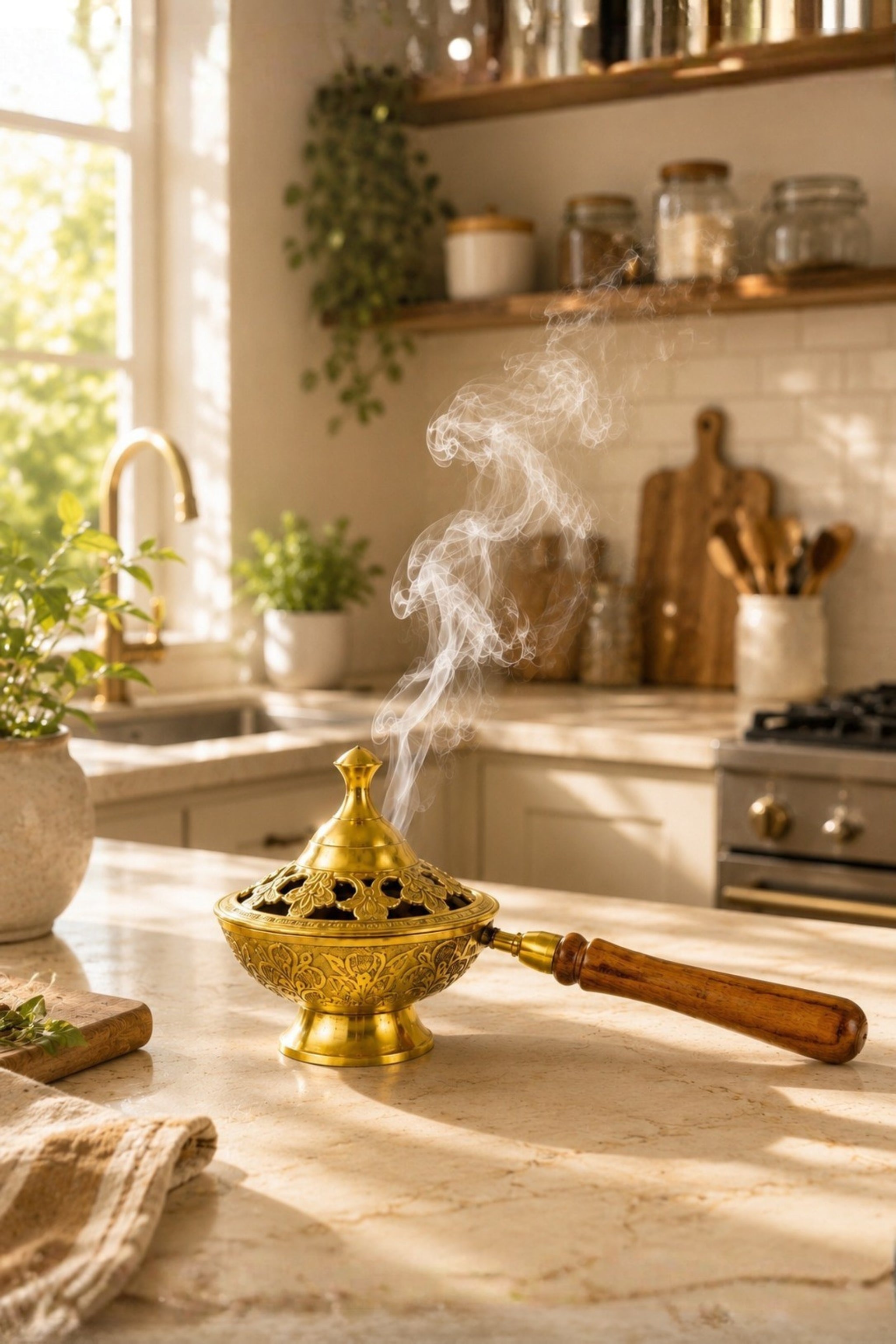 Premium Brass Loban Burner with Wooden Handle | Handcrafted Brass Dhoop Dani for Loban, Sambrani Cups, Bakhoor, Camphor & Resin Incense | Antique Floral Brass Incense Burner for Home Temple, Meditation & Gifting