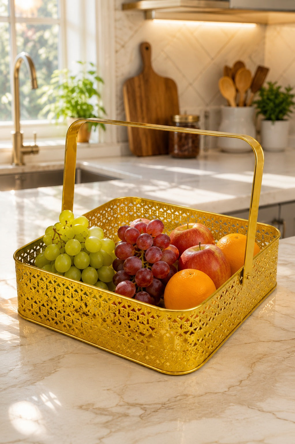 Premium Golden Metal Gift Basket with Handle | Large Decorative Storage Basket | Multipurpose Fruit Basket, Dry Fruit Hamper, Pooja Basket & Home Organizer