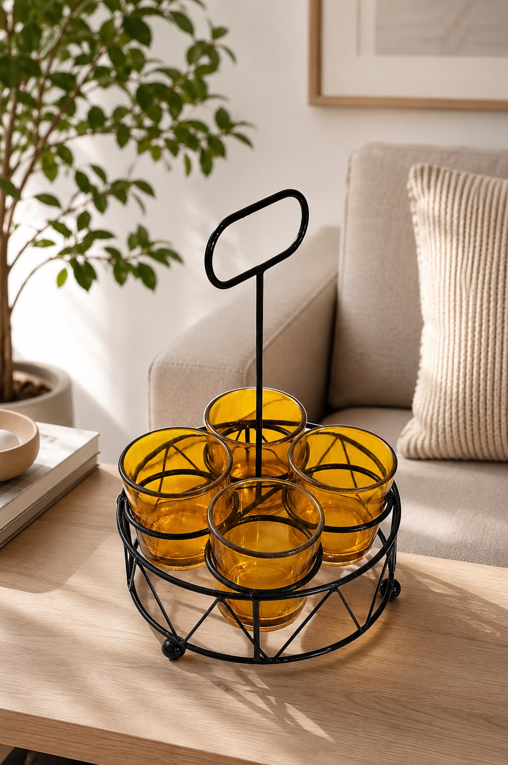 Shot Glass Set Of 4 With Metal Stand | Amber Glass Mini Shot Cups With Round Iron Holder | Dhaba Style Serving Set For Vodka Tequila Whiskey
