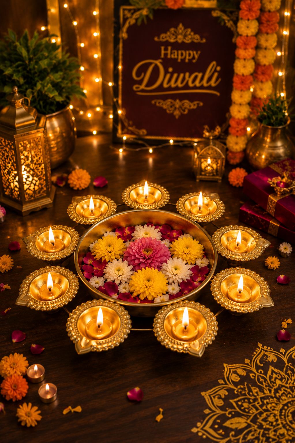 Premium Iron Urli with 8 Diya Holders | Decorative Metal Floating Flower Bowl for Water, Candles & Rangoli | Traditional Urli for Diwali, Pooja, Wedding, Festivals & Home Decoration
