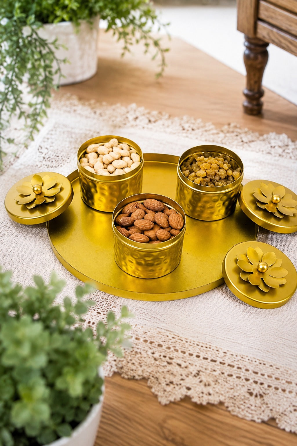 Premium 3 Piece Metal Storage Container Set with Round Serving Tray | Gold Dry Fruit, Mukhwas & Spice Container Set | Decorative Kitchen Organizer for Home, Dining & Gifting