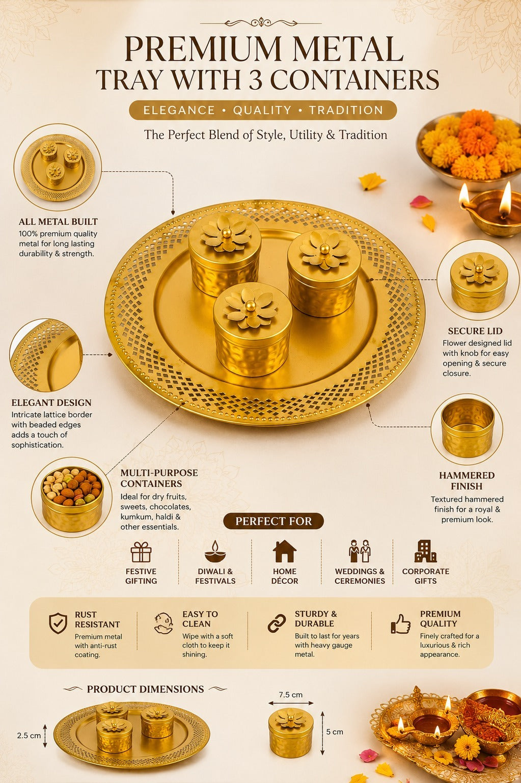Premium Metal Dry Fruit Serving Tray Set with 3 Containers | Decorative Round Platter with Floral Lid Jars | Multipurpose Snack, Sweet, Mukhwas & Festive Serving Set for Home & Gifting