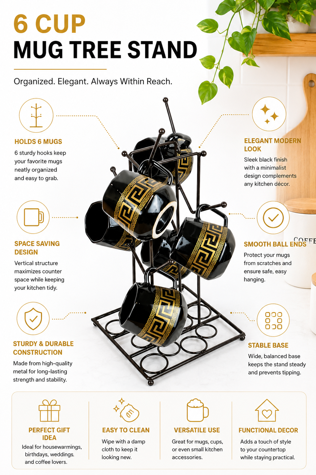 6 Cup Mug Tree Stand | Metal Coffee Mug Holder Stand for Kitchen Counter | Space Saving Mug Organizer Rack | Durable Cup Storage Stand for Home, Office & Café