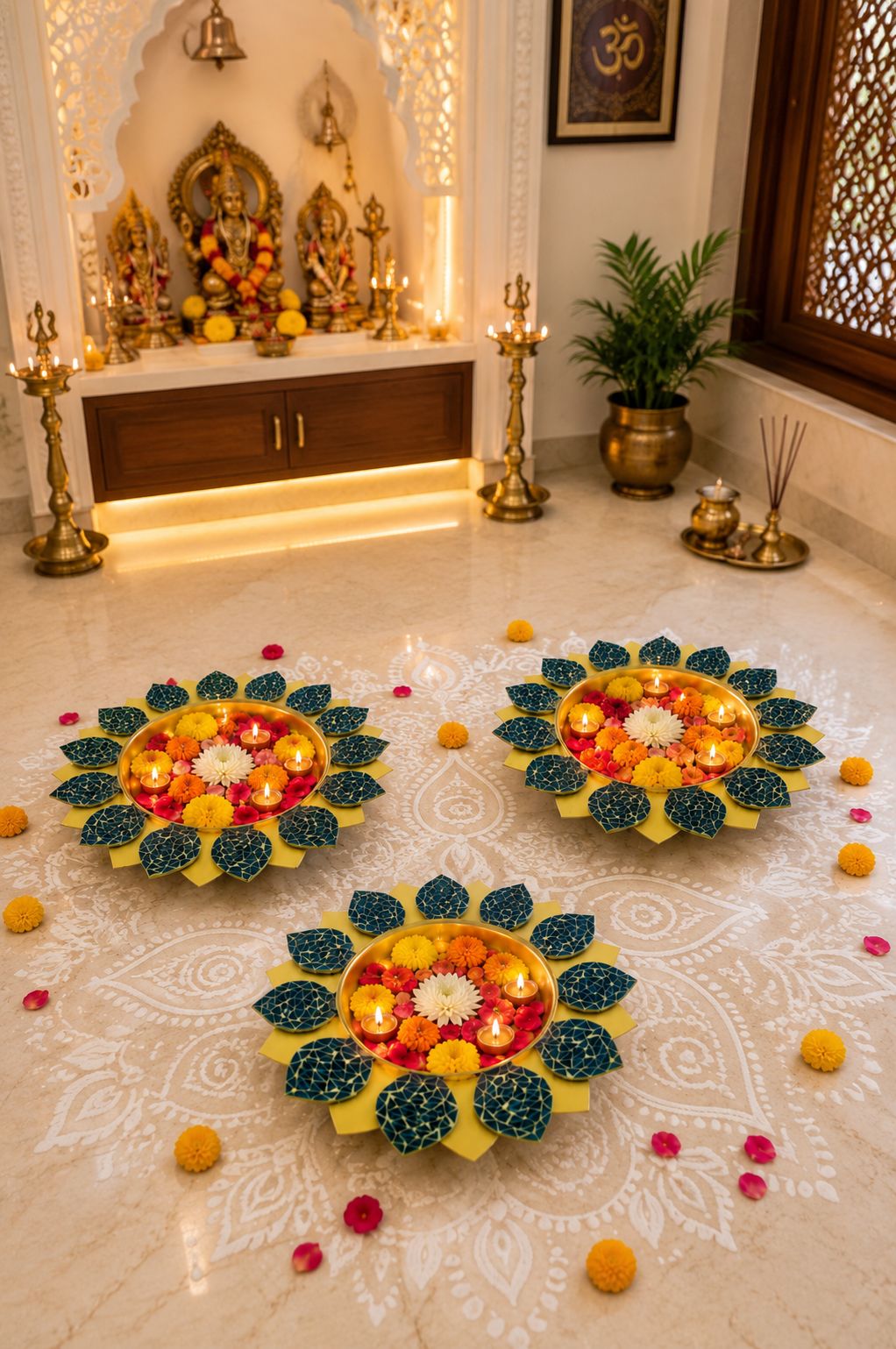 Premium Set of 3 Decorative Metal Urli Bowls with Mosaic Glass Petals | Floating Flower Bowl for Candles, Water Décor & Rangoli | Decorative Urli for Diwali, Pooja, Wedding, Festivals & Home Decoration